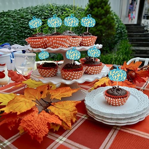 Miniatura 5 de Gyufise Paquete de 24 adornos azules con purpurina para cupcakes con hojas temáticas de otoño, decoración para baby shower, cumpleaños, Acción de