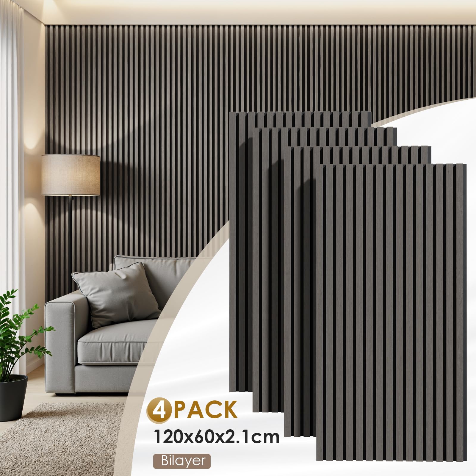 Clevich Panele Akustyczne 3D 120x60x2,1cm, 4 Sztuki, Panele ścienne Imitujące Drewno, Okładzina ścienna Zapewniająca Skuteczną Izolację Akustyczną, Z Filcowym Wyciszeniem, do Salonu,Biura, Dąb Czarny
