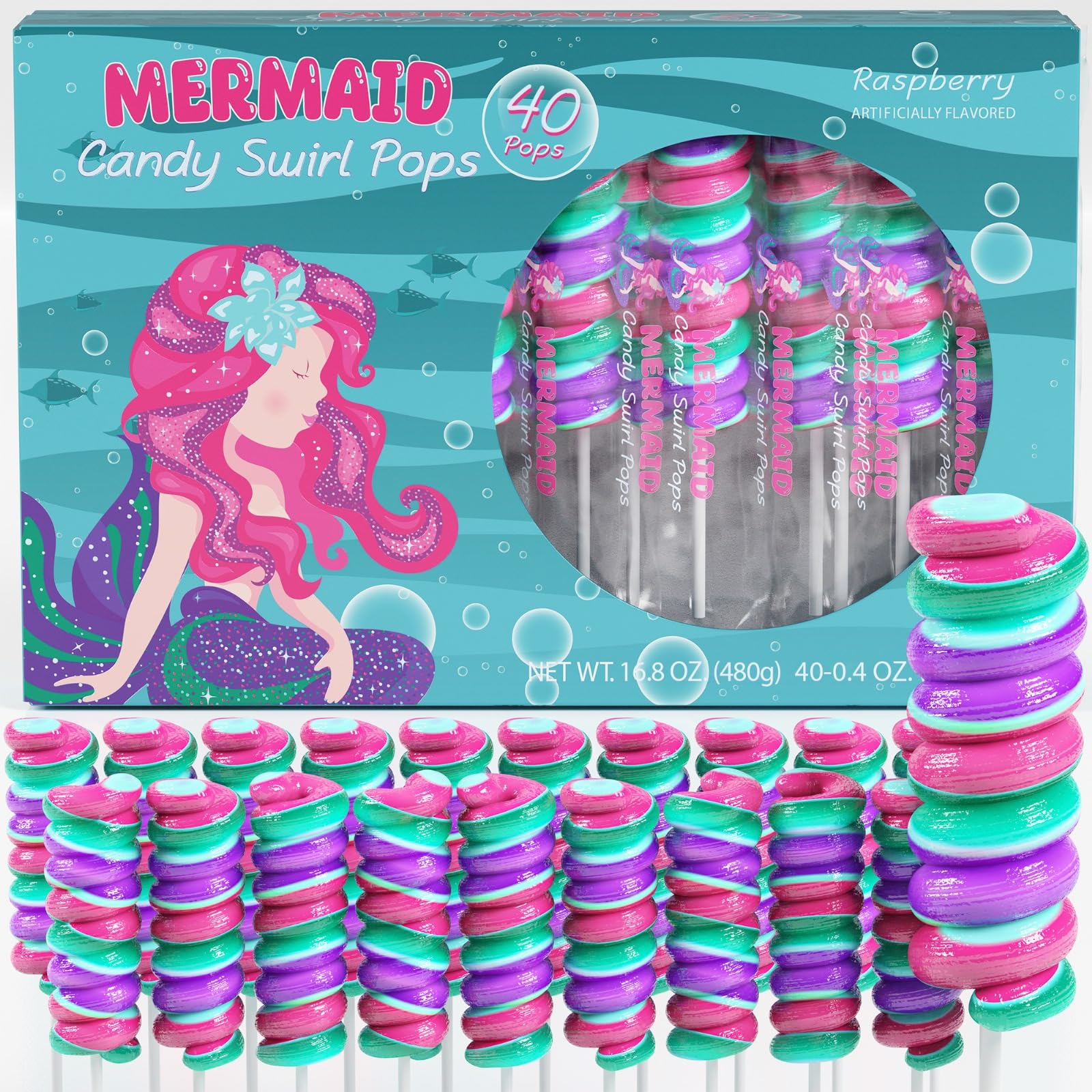 Mermaid Lollipops 40pk- Swirl Lollipops Mermaid Candy For Little Mermaid Party Favors & Mermaid Party Supplies - Mermaid Suckers, Mermaid Snacks & Mermaid Treats