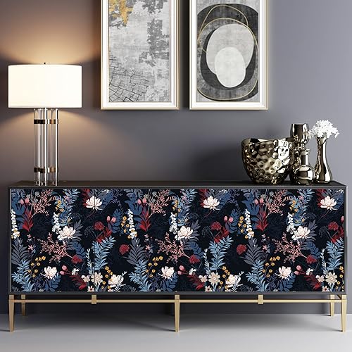 Miniatura 7 de VEELIKE Papel tapiz botánico negro para despegar y pegar, papel tapiz floral negro para dormitorio, baño, papel tapiz de 17.7 x 118 pulgadas, papel