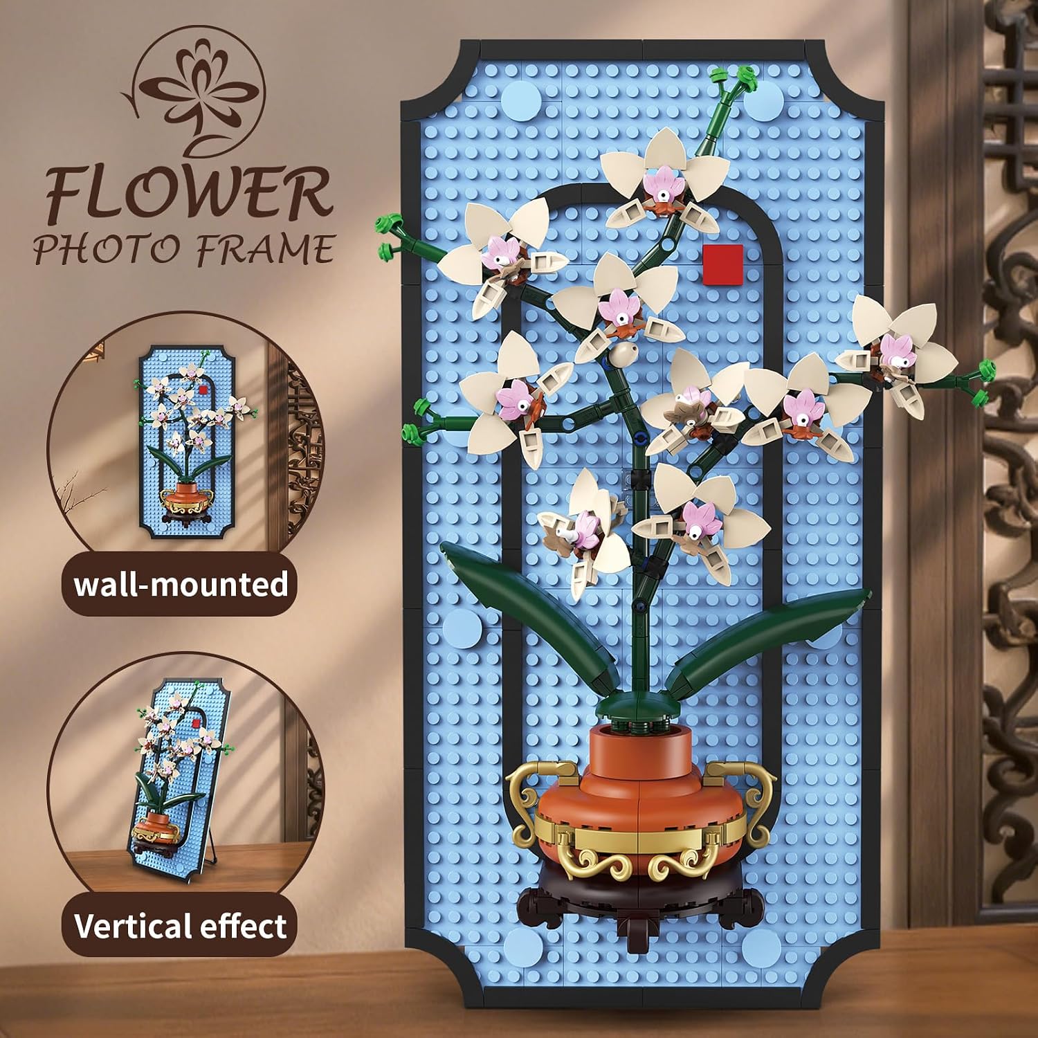 BRICXOR 3D Wall Art Orchid Building Blocks Kit for Adults - Flowers Wall Hanging Art with Stand, DIY Artificial Floral Decor Set for Home Office, Elegant Gift for Adults, 531-Piece