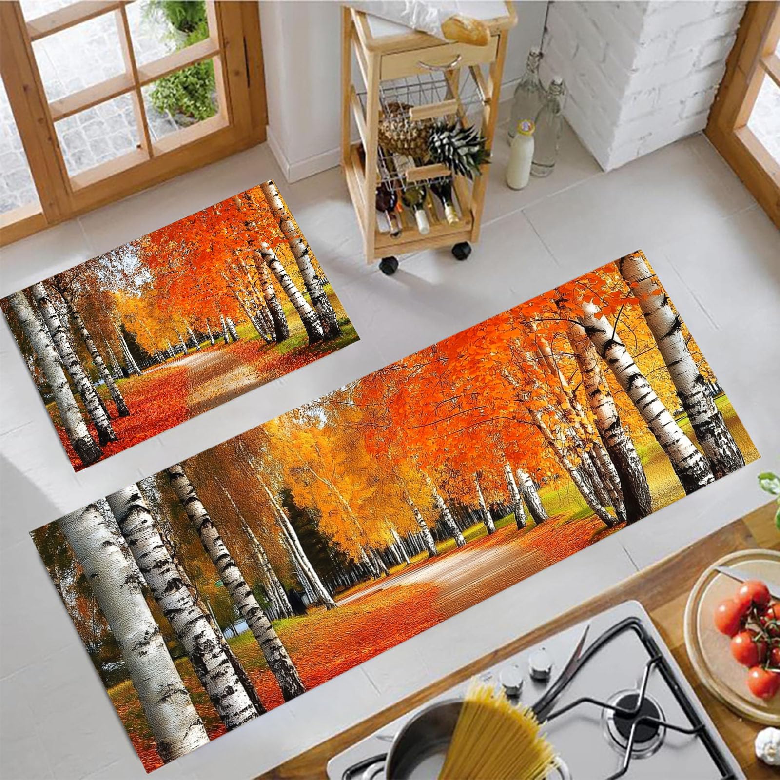 Tapis de cuisine antidérapant forêt d'automne lot de 2 formats 40x60 et 40x120 cm
