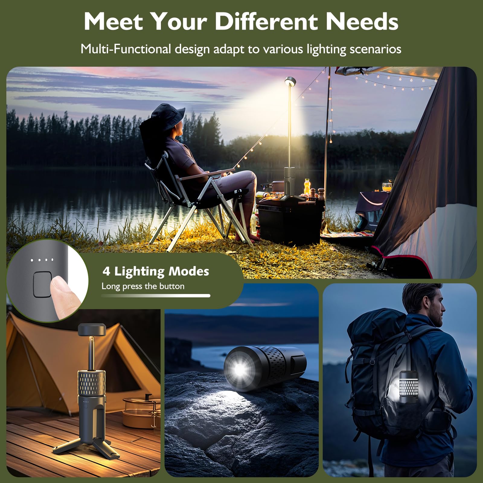 Teleskop-Camping-Leuchte, wiederaufladbare Camping-Laterne, tragbares Outdoor-Zeltlicht, Wandern, Notfall, Angeln, Camping-Essentials, IP54 wasserdicht (grau)