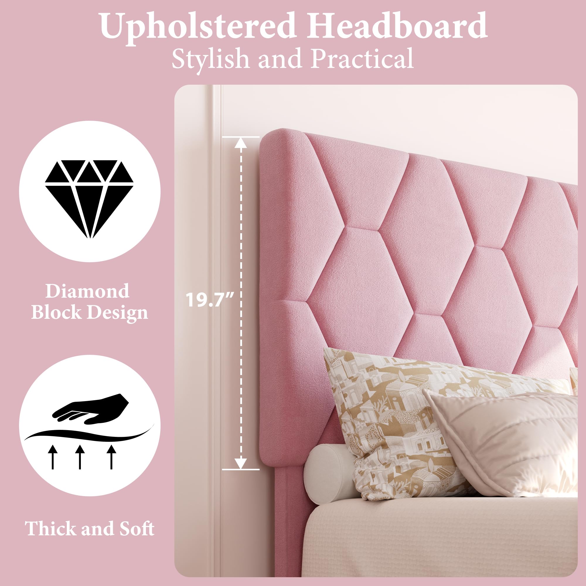 Base de cama de plataforma de tamaño individual con cabecera tapizada y soporte de listones de madera, base de colchón tapizada de terciopelo, no necesita somier, fácil montaje, rosa 4