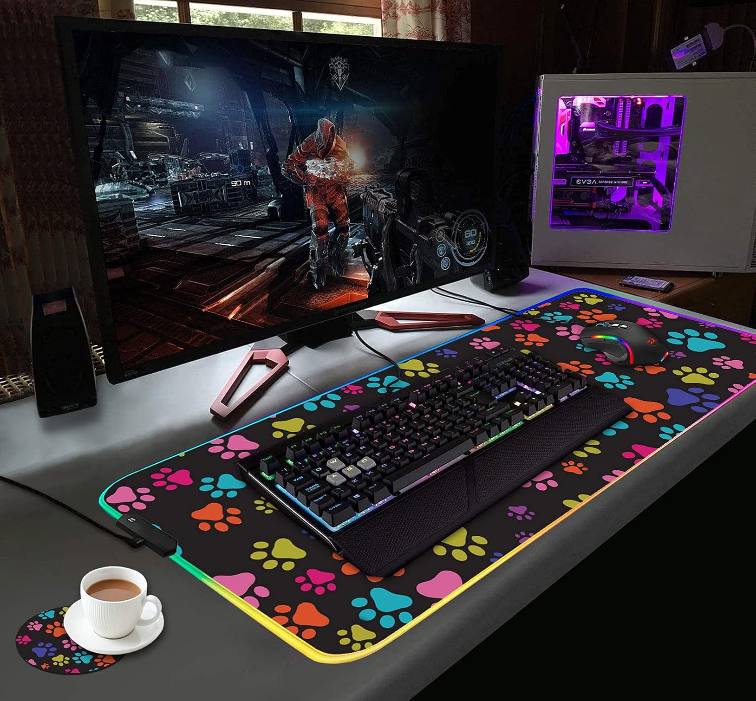 RGB Gaming Mouse Pad with Coffee Coaster, Multicolor Dog Paws Design XXL Large Glowing LED Mousepad, Anti-Slip Rubber Base, Computer Keyboard Desk Mouse Mat 31.5 X 11.8 Inch