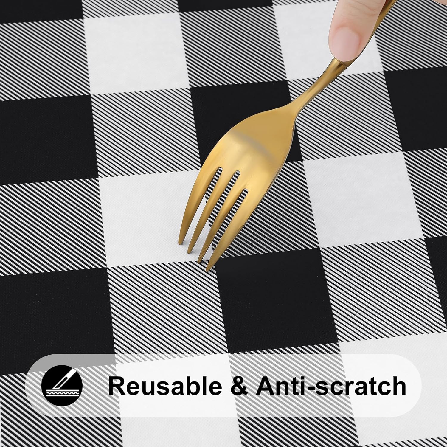 Smiry Rectangle Picnic Table Cloth, Elastic Waterproof Fitted Vinyl Tablecloths, Flannel Backed Buffalo Plaid Table Covers for Dining, Camping, Outdoor (Black and White, 42" x 72")