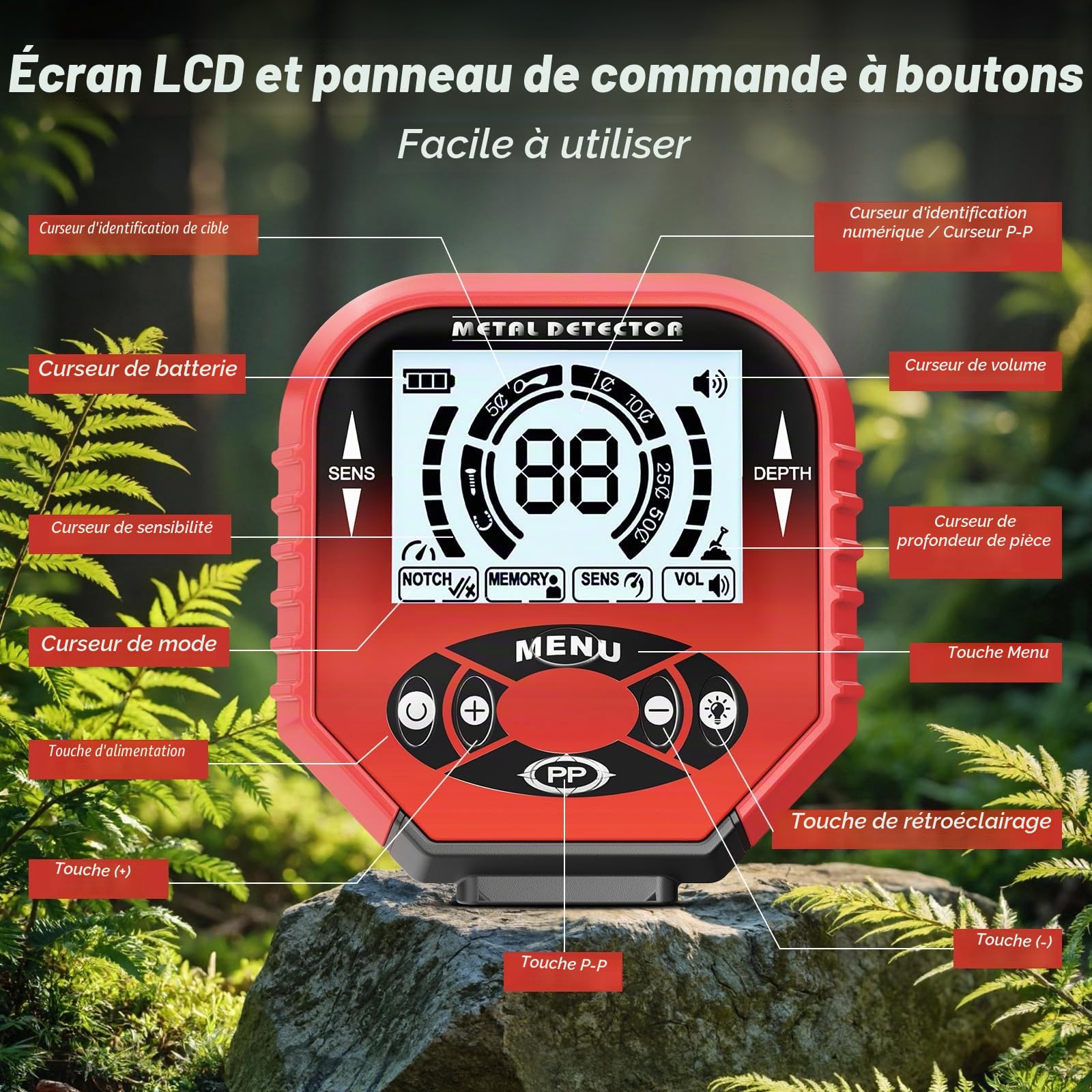 Détecteur de Métaux, Longueur Réglable 106-121 cm, detecteur metaux Professionnel avec localisation précise (Mode PP), Bobine de Recherche IP68 Imperméable pour la Plage & Chasse au trésor