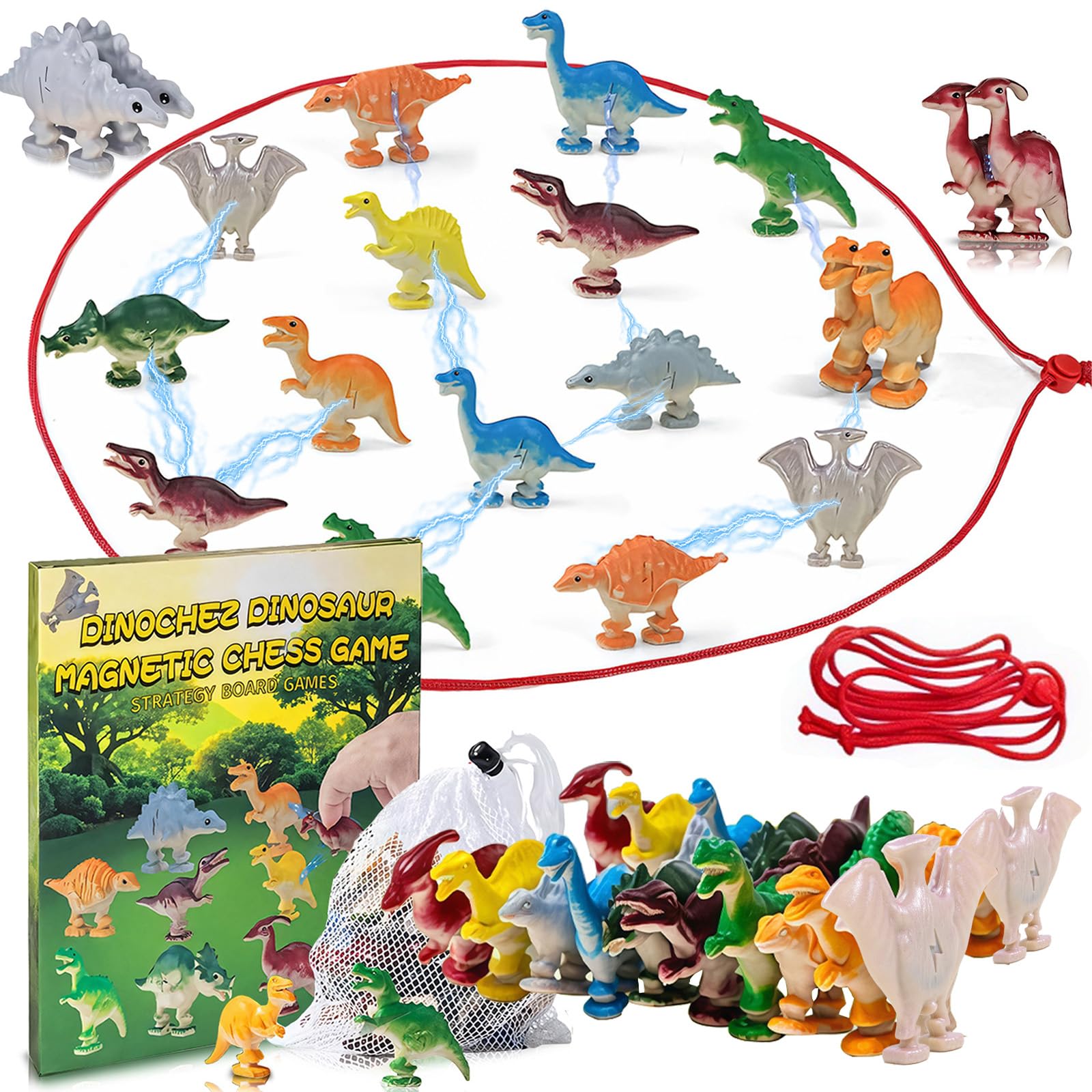Dinosaur Magnetic Chess Game Stones,10 Style Dinosaur Magnet Games for Kids Board Game,Table Top Magnet Chess Skill Games with String,Magnetic Chess Board for 8-12 Boys Girls Gifts