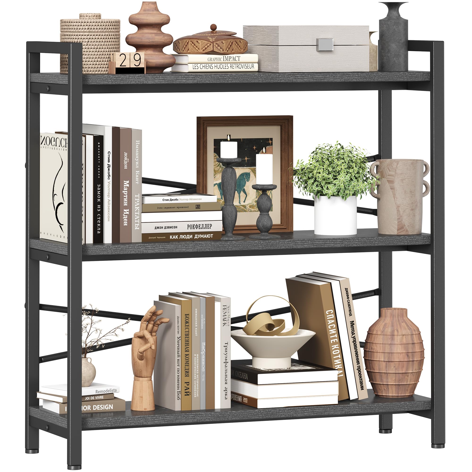 Book Shelf, 3 Tier Bookshelf 31.49" Width, Book Shelf Storage and Organization, Wooden and Metal Industrial Bookcase, Large Book Shelves for Home