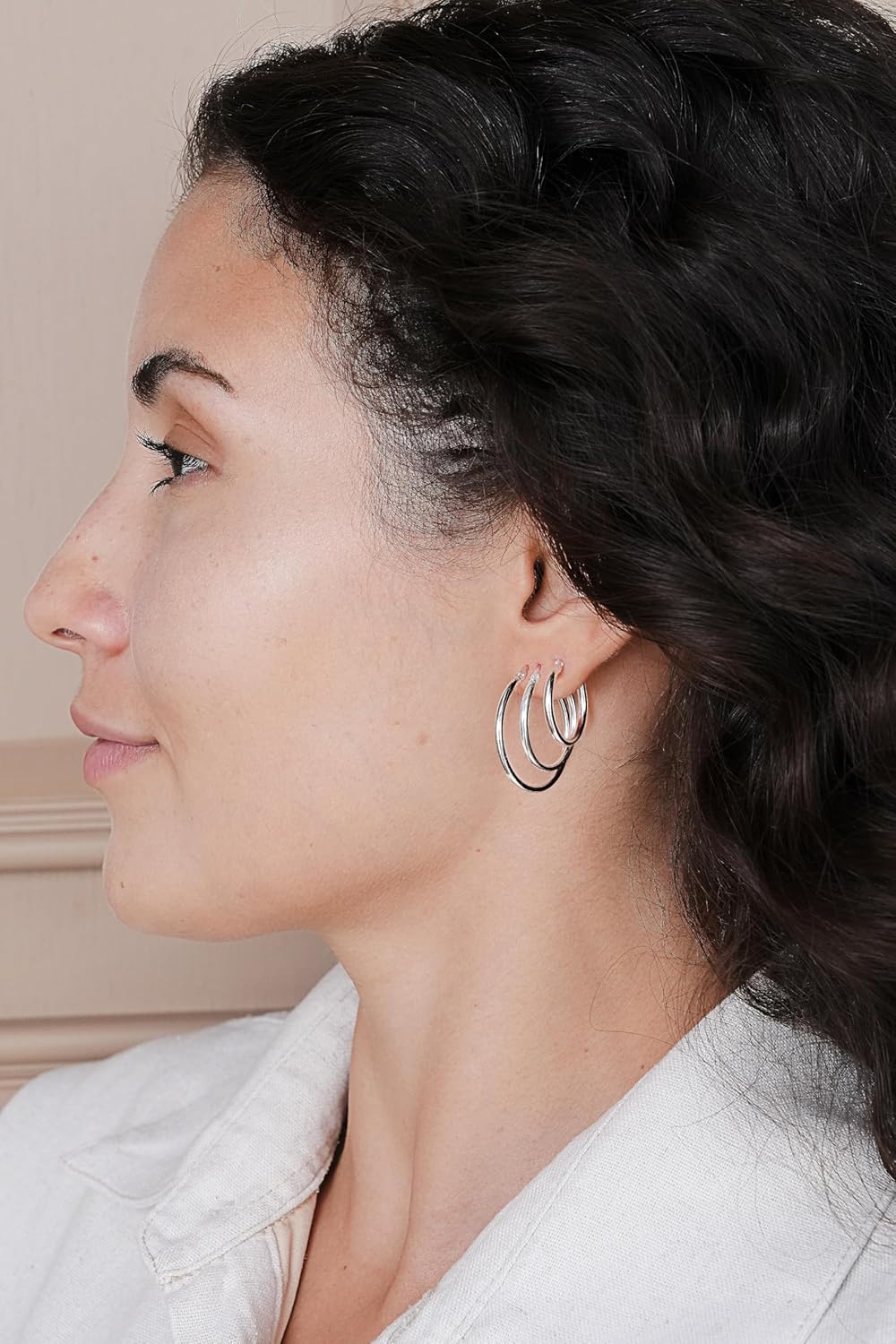 Hoops & Loops Set of 3 Sterling Silver 2mm Polished Round Hoop Earrings, 20mm, 25mm 30mm