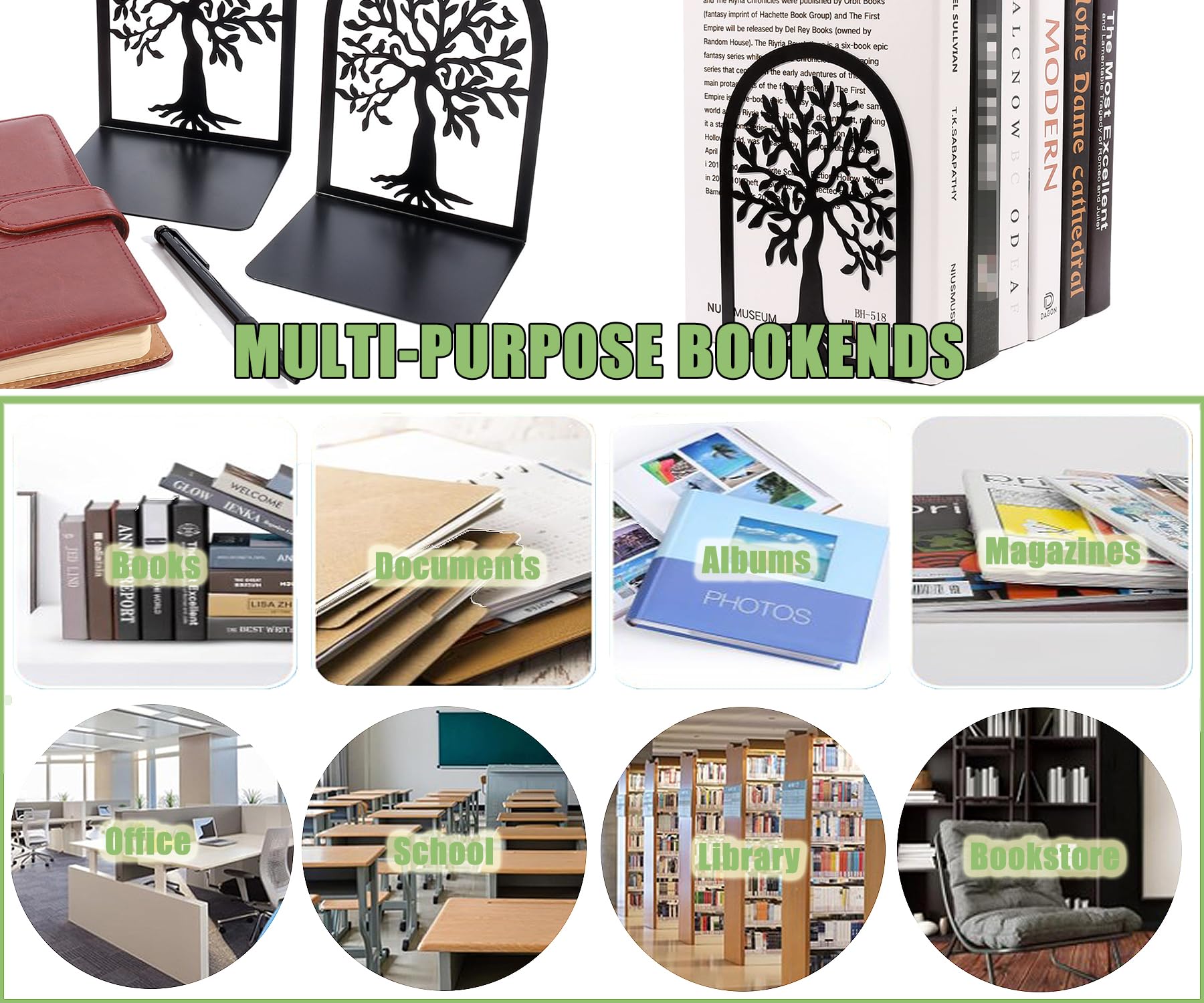 Fermalibri Per Mensole In Metallo - Design Moderno, 9x12x16 Cm, Nero, Con Segnalibro A Piuma - Foto 11