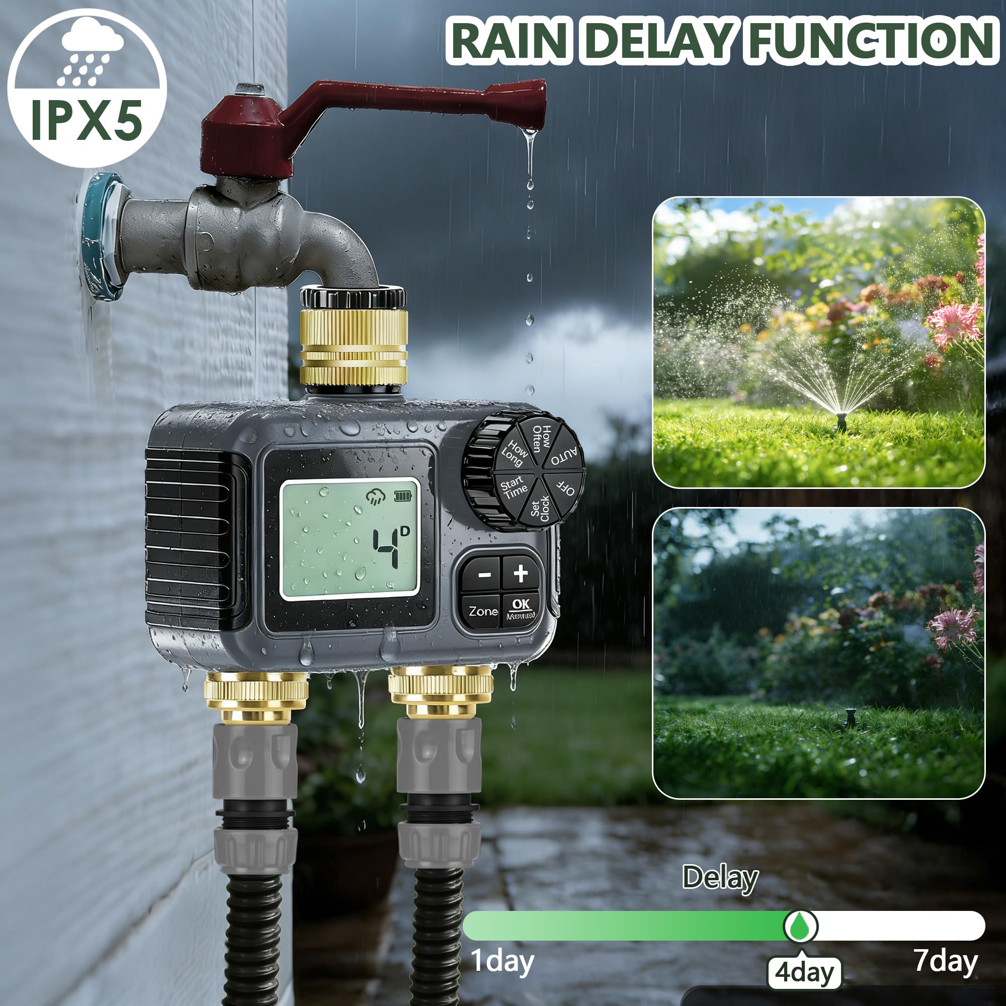 IPX5 Programmateur Arrosage 2 Voies Avec Entrée en Laiton, Grand écran LCD,Temporizador con Retardo por Lluvia y Modo Manual para Jardín