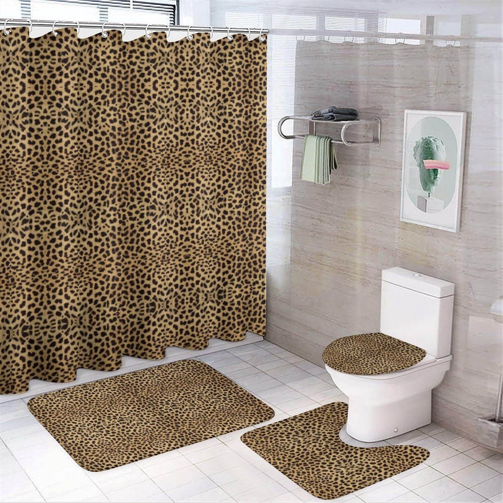 Wlntrophic Bathroom Mat Set 4 Piece, Cheetah Pattern Shower Curtain with Non-Slip Bath Mats for Bathroom