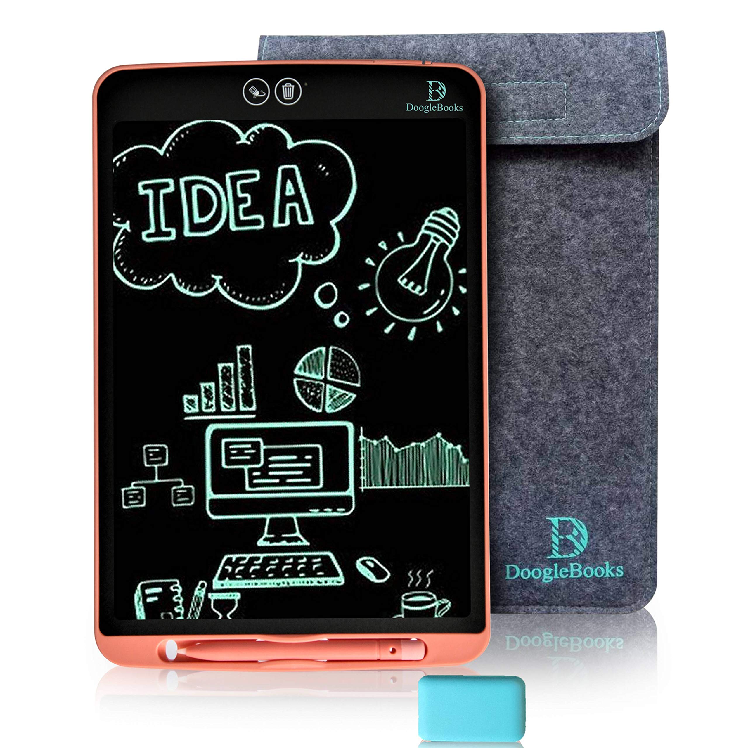 DoogleBooks® 12-Inch Partial Erasure LCD Writing Board - Portable LCD Tablet - Electronic Writing Drawing Board with Dual Erase Functions, 2 Styluses, Sleeve, Rubber Tips – “UK Safety Approved” (Pink)