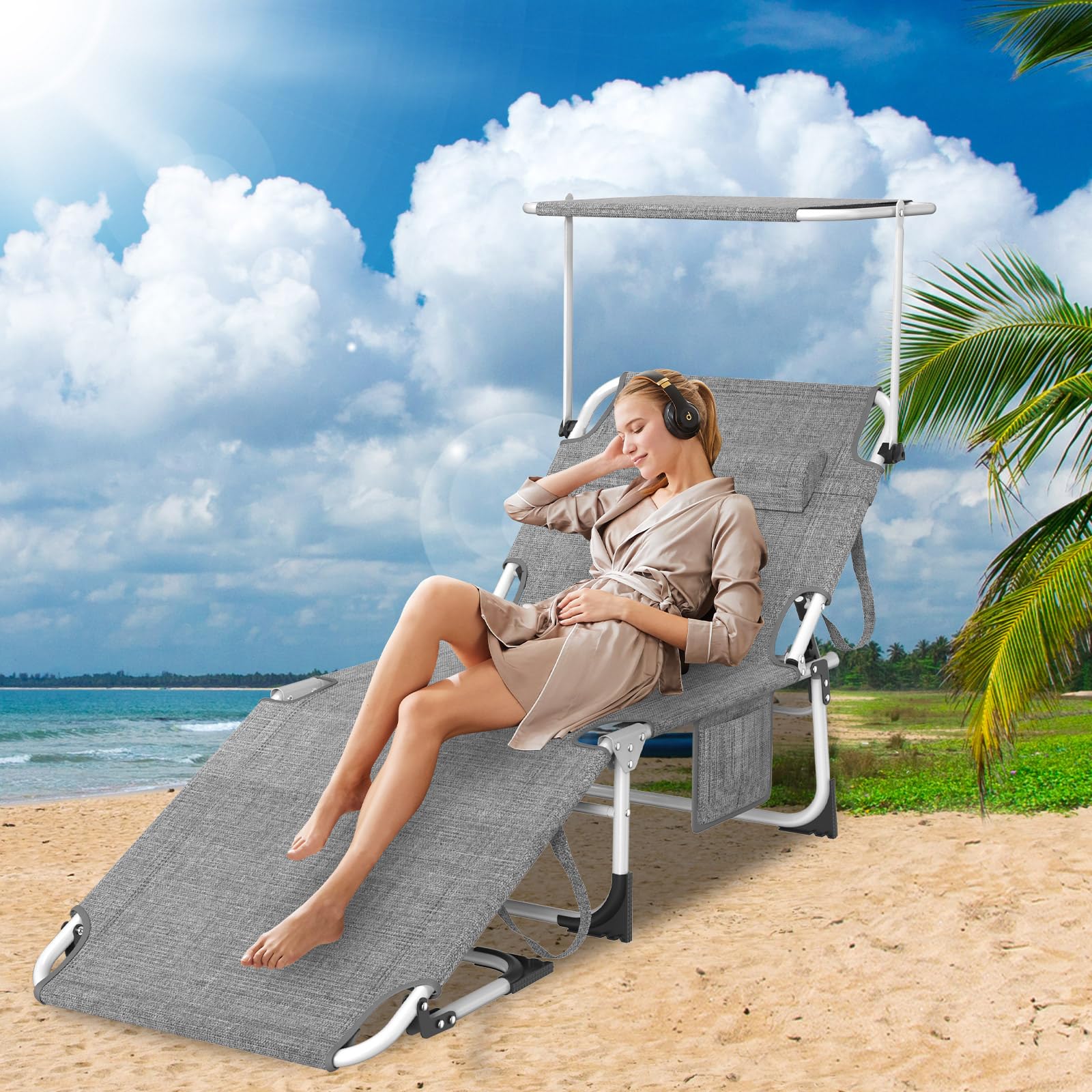 Chaise Longue Pliante，Bain de Soleil Jardin Exterieur，69*195*29CM,Transat de Plage Pliable avec Pare Soleil、Dossier Inclinable et Pochette，Fauteuil Relax，Chaise de Camping Piscine，Gris