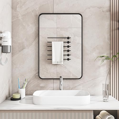 Miniatura 1 de SUPPNEED Espejo de pared negro de 20 x 30 pulgadas para baño, rectangular montado en la pared, espejos de tocador con marco de metal y borde