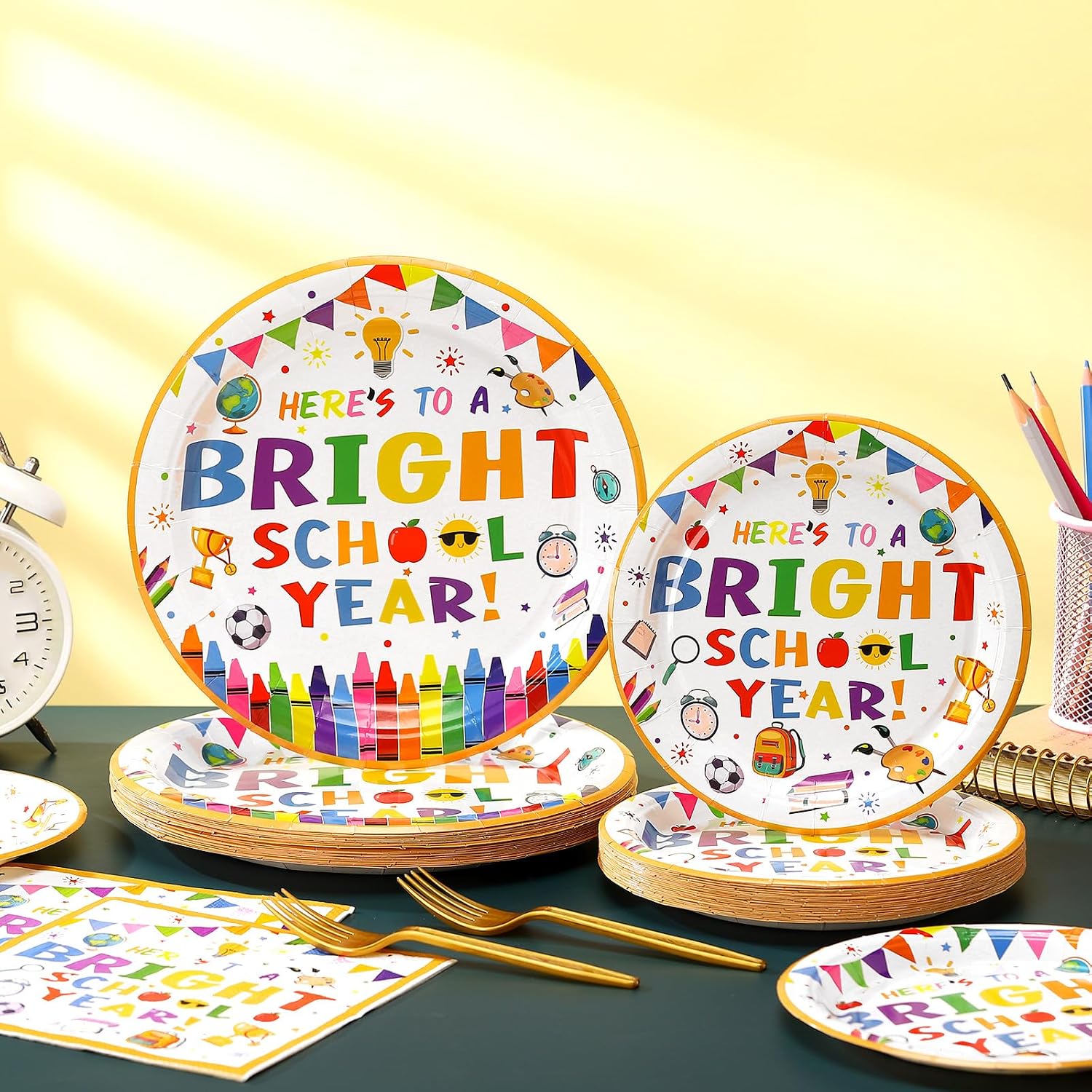 Yungyan 96 Pcs Back to School Party Supplies Tableware Set for 24 Students image 2