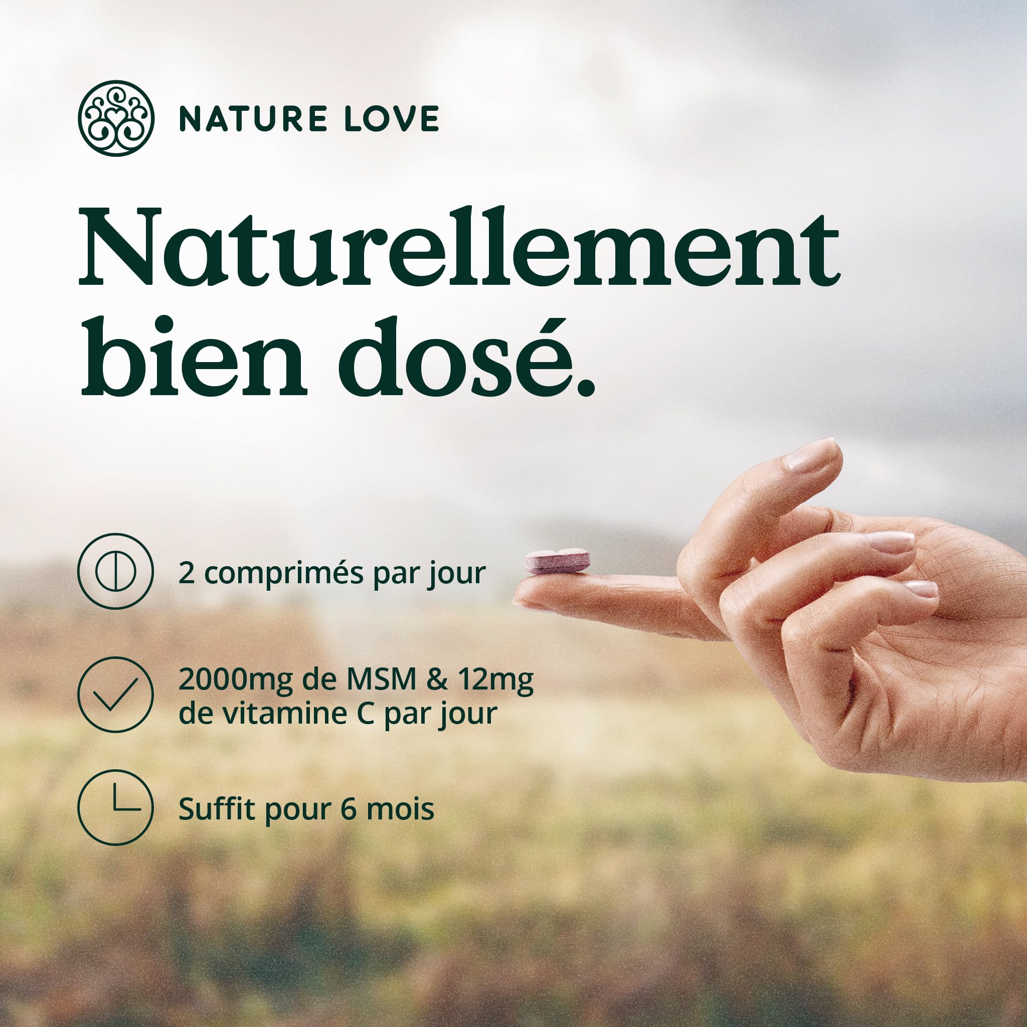 NATURE LOVE® MSM 2000mg avec vitamine C - 365 comprimés testés en laboratoire - poudre de MSM plus compacte qu’avec des gélules - sans additifs, hautement dosé, végane, produit en Allemagne