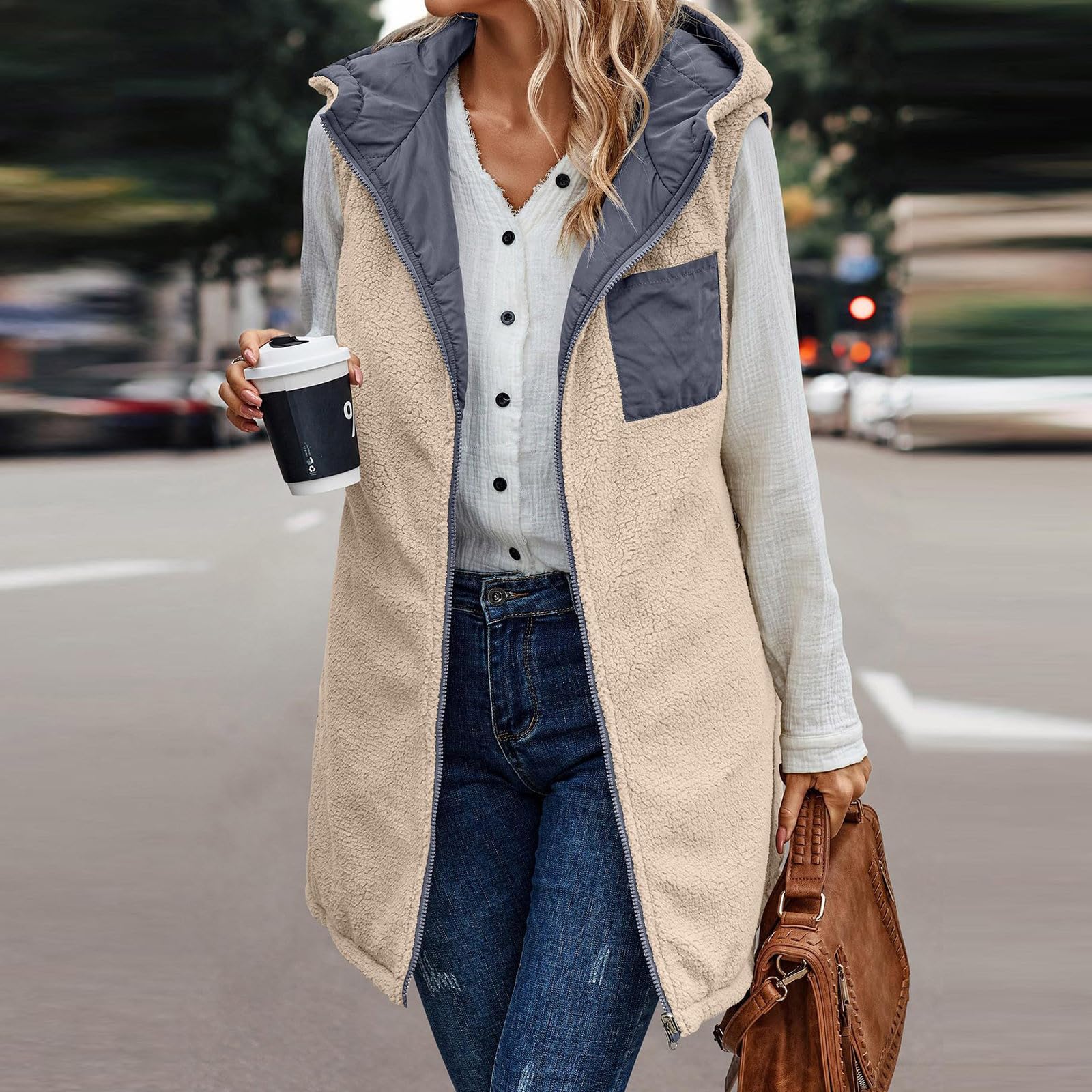 Generisch Steppweste Damen Lang Leichte Ärmellose Puffer Weste mit Kapuze Winter Warme Outdoor Daunenweste Übergangsweste Oversize Reißverschluss Winterjacke Lange Gilet Für Mädchen Elegant