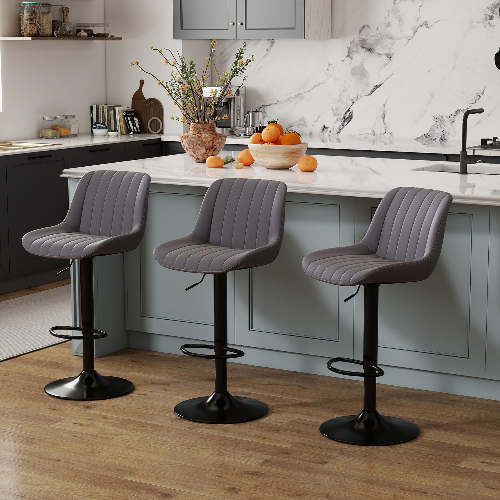 Youhauchair Bar Stools Set of 3, Swivel Counter Height Barstools with Back, Adjustable PU Leather Bar Chairs, Modern Armless Kitchen Island Stool, Dark Grey