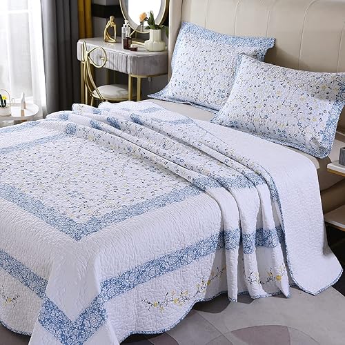 Miniatura 3 de vctops Juego de edredón acolchado con bordado floral 100% algodón, tamaño Queen, 3 piezas, reversible, ligero, borde festoneado, 1 edredón y 2