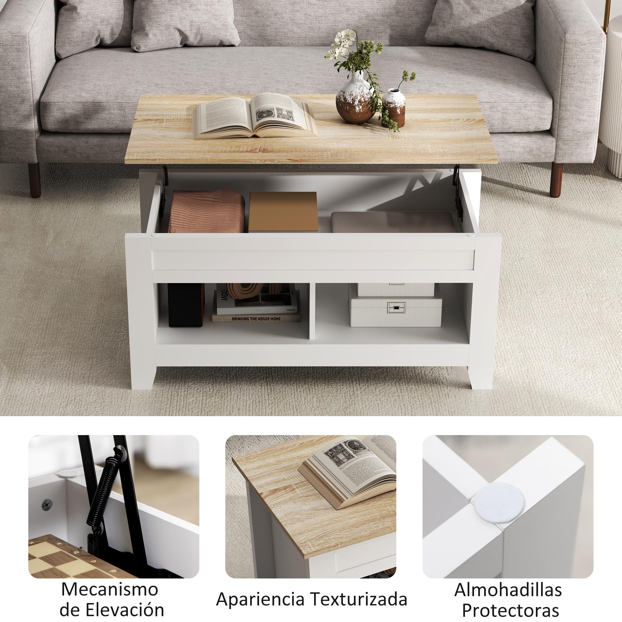 HOMCOM Mesa de Centro Elevable Mesa de Café con Encimera Elevable 2 Compartimentos Abiertos y Espacio Oculto de Almacenaje 105x50x49 cm Blanco y Natural