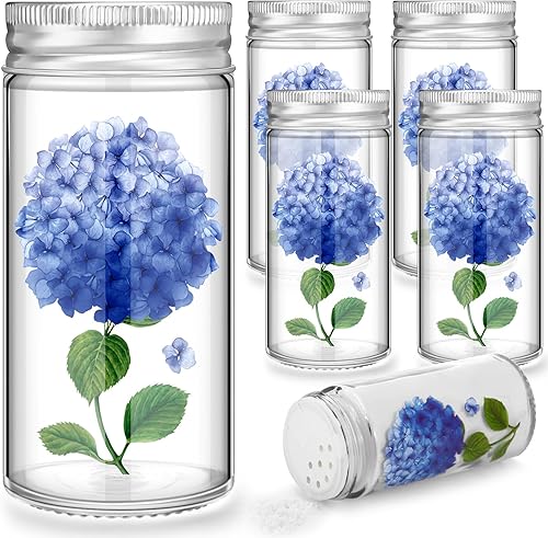 Uiifan Juego de 6 saleros pintados a mano y pimienta, hortensias azules, salero, pimentero, pintados a mano, regalos de Navidad transparentes para