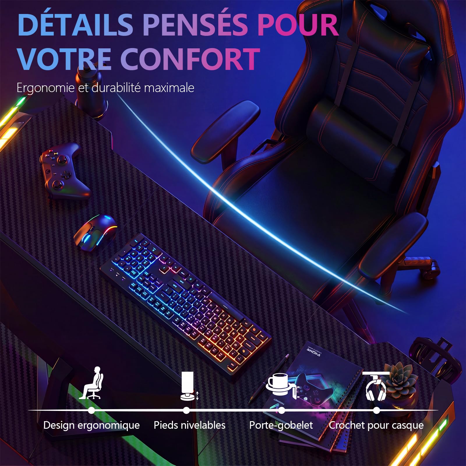 JUMMICO Bureau Gaming RGB 120x60cm, Carbone Anti-Rayures, LED, Noir