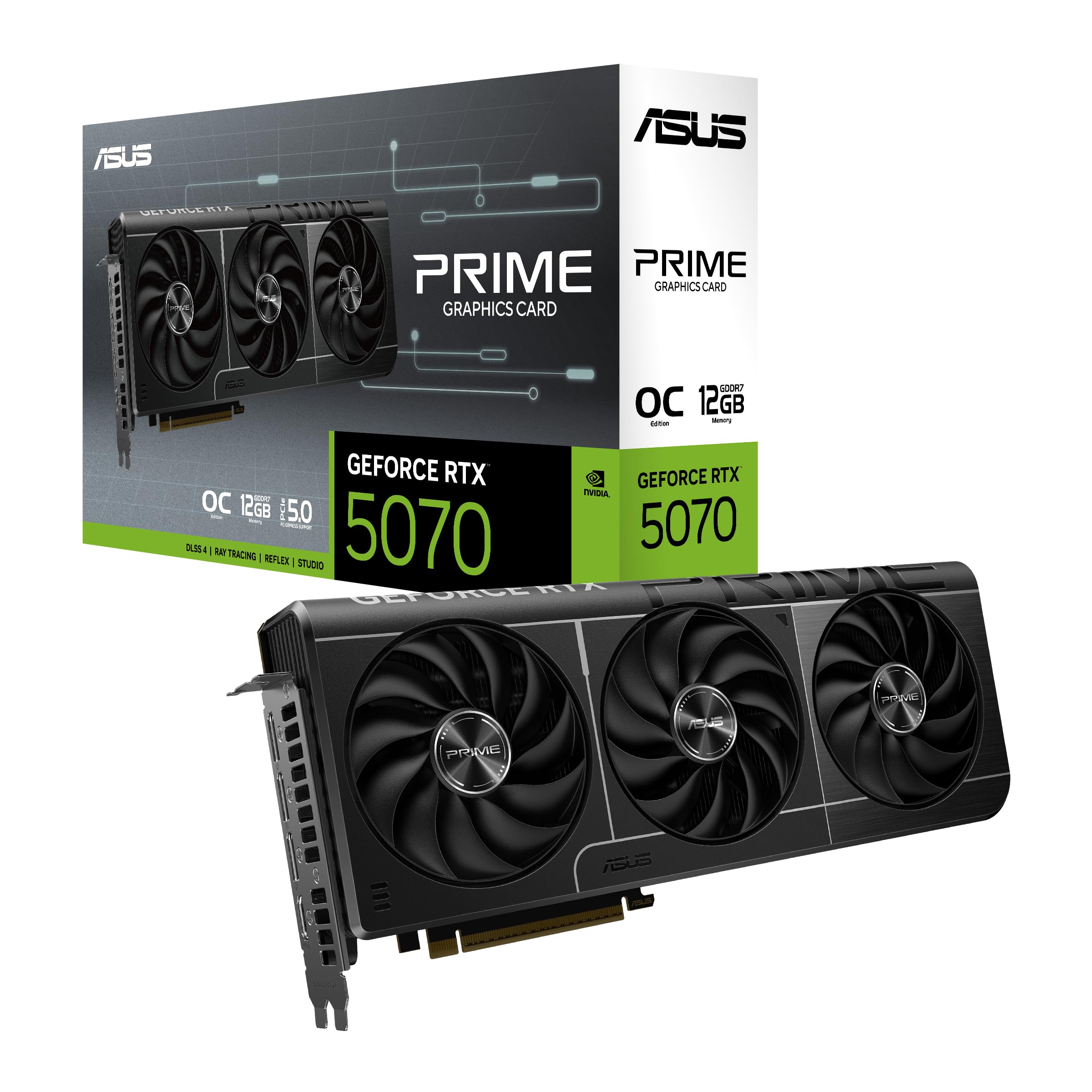 Tarjeta gráfica ASUS Prime GeForce RTX 5070 OC, 12GB GDDR7, HDMI/DP 2.1, diseño SFF.