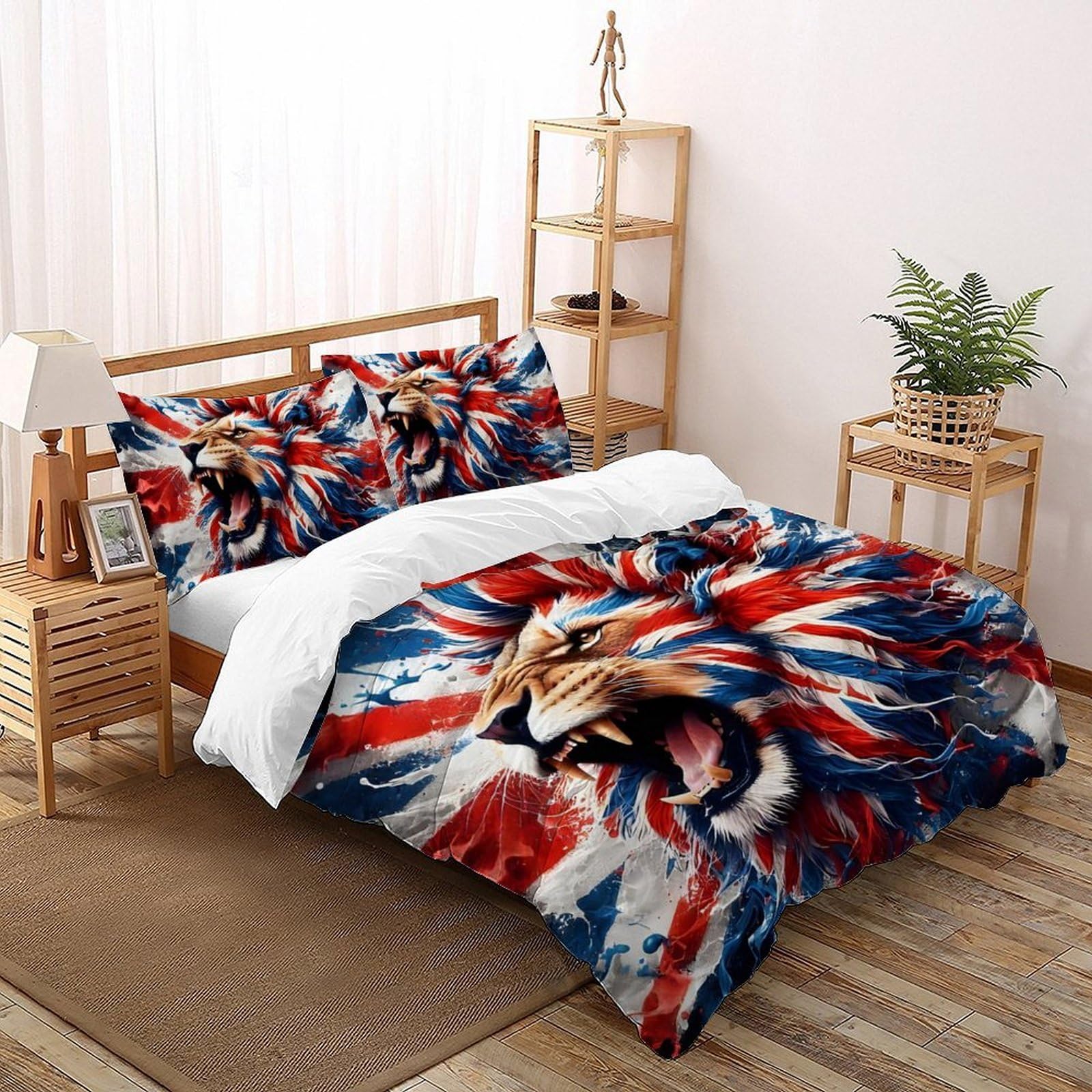 SHOVERKD 3D Printed Union Jack Lion Quilt Cover Wild Land Animal Bedding Set 3Pcs Soft Microfiber with Pillowcases,Hidden Zipper for Junior Collection Double（200x200cm） Room Decor