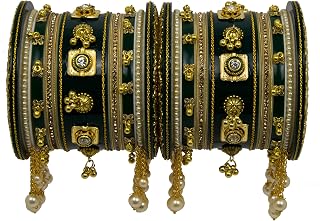 Handcrafted Chura Set Design with Glass Pearls Beads and Chains (2.8, Green)