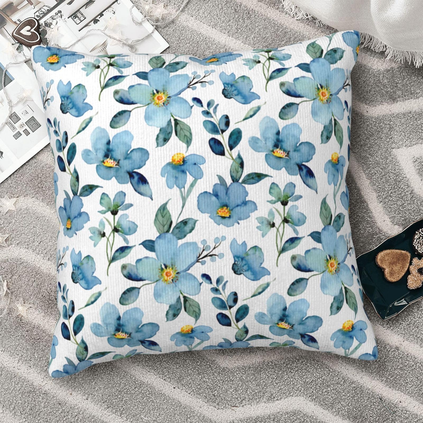Pearden Flower Blue Corduroy Throw Pillow Decorative Flower Throw Pillows Corduroy Sofa Pillow Decorative Textured Throw Pillows Decorations for Bed Sofa （Pillow with Pillow Core） 18"X18"