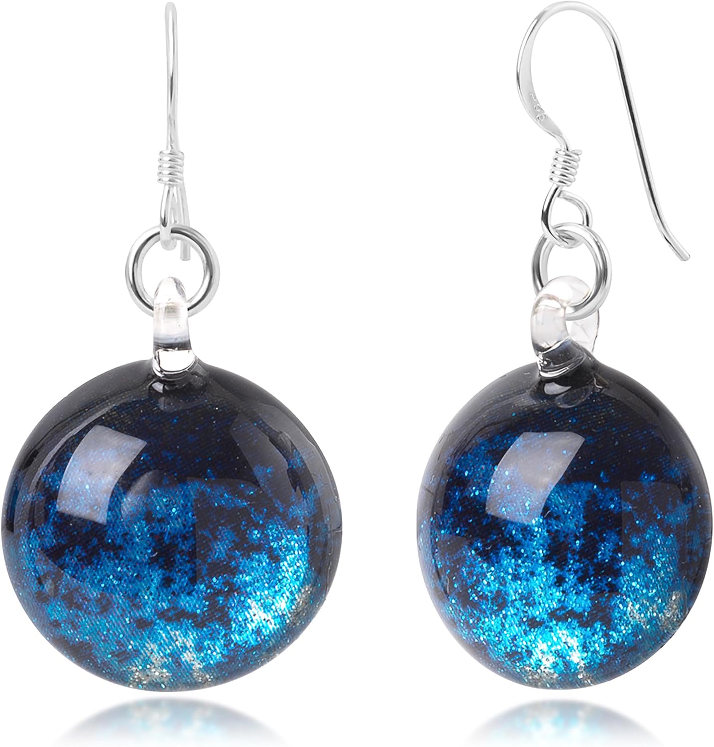 Chuvora 925 Sterling Silver Hand Blown Glass Glitter Silver Deep Blue Round Shape Dangle Earrings