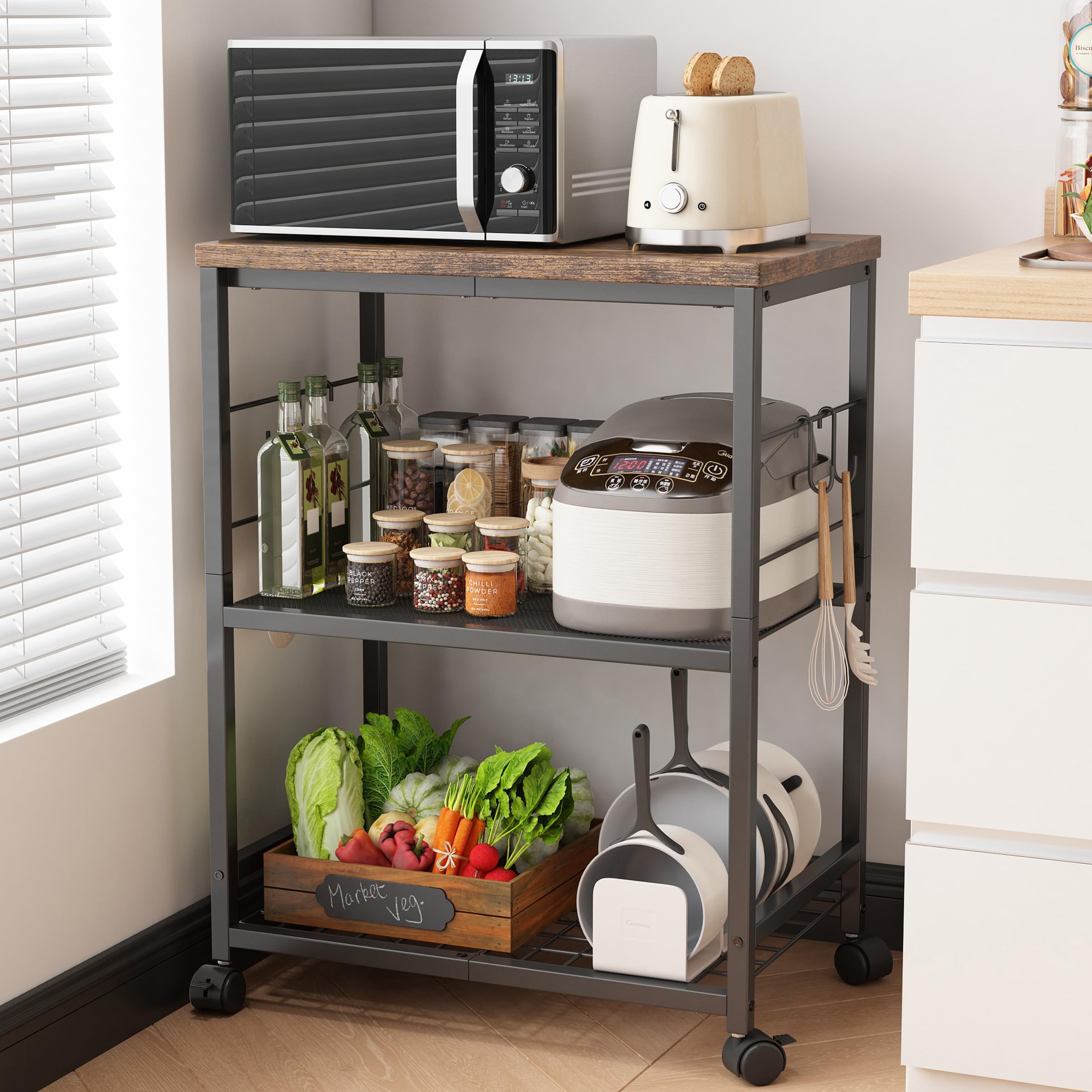 Carrello da Cucina con Microonde su Ruote,Tavolo per Microonde a 3 Ripiani con Spazio di Archiviazione,Piccolo Scaffale per Carrello da caffè per Organizzare Il Soggiorno O L'Ufficio.
