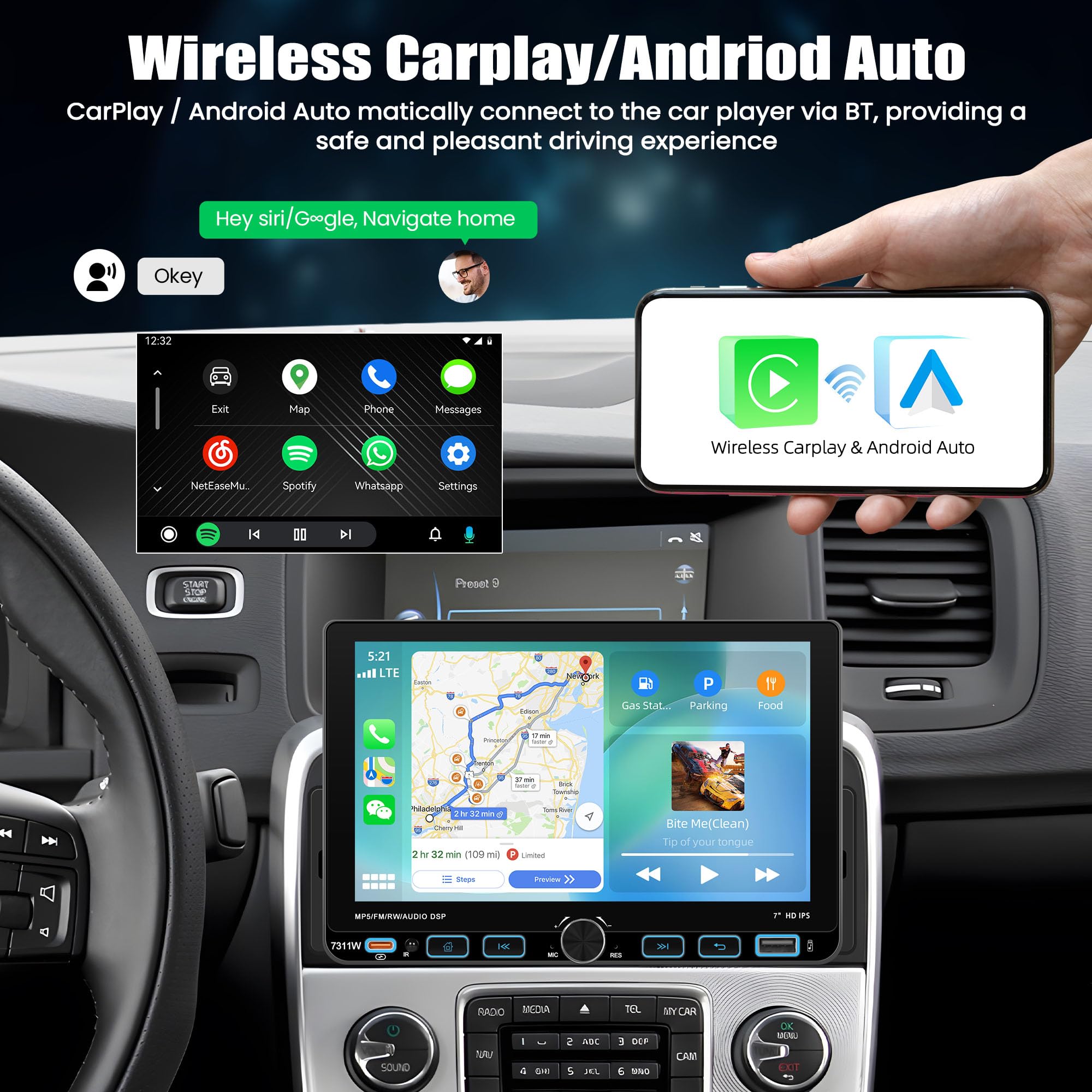 Wireless CARPLAY 1 DIN Autoradio avec Bluetooth Android Auto, 7'' IPS Ecran Tactile Car Play Voiture, 1 Din Bluetooth Radio avec Lien Miroir AM/FM/RDS MP5 USB SWC Rétroéclairage Couleur