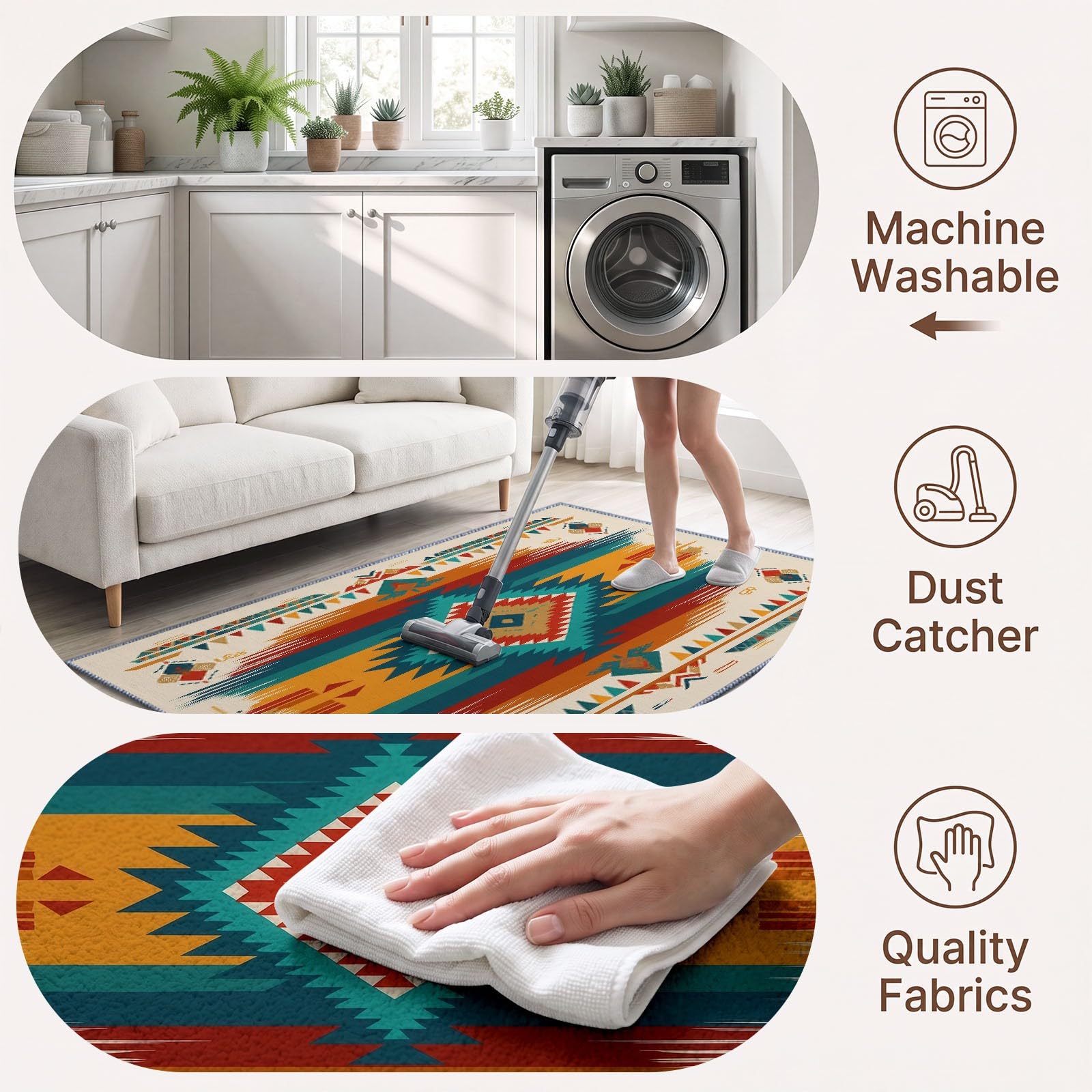 Tappeto azteco lavabile per soggiorno 120 x 170 cm, a pelo basso con bordo geometrico a diamante, antiscivolo, super morbido, per camera da letto, sala da pranzo, corridoio, salotto, ufficio