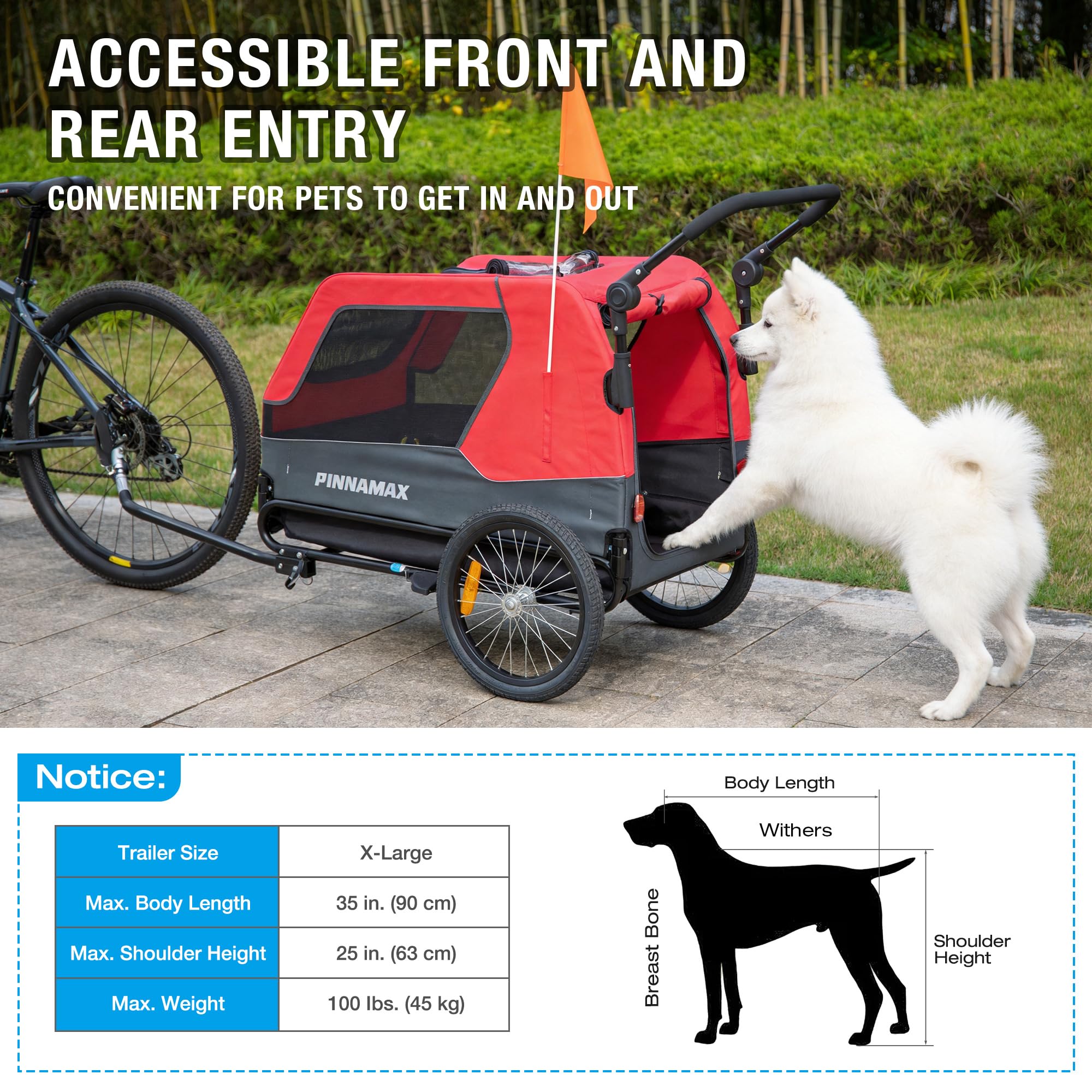 PINNAMAX Rimorchio per cani per biciclette 2 in 1, portata 45 kg, gancio universale