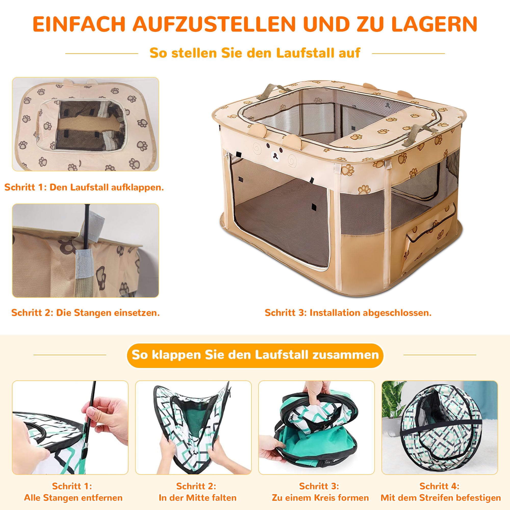 ALLSOPETS Welpenauslauf Faltbarer Laufstall Hund Katze, Tragbarer Welpenlaufstall Hundebox Freigehege mit Tragetasche für Innen, Außen, Reisen und Camping (Brauner Bär, XXL)