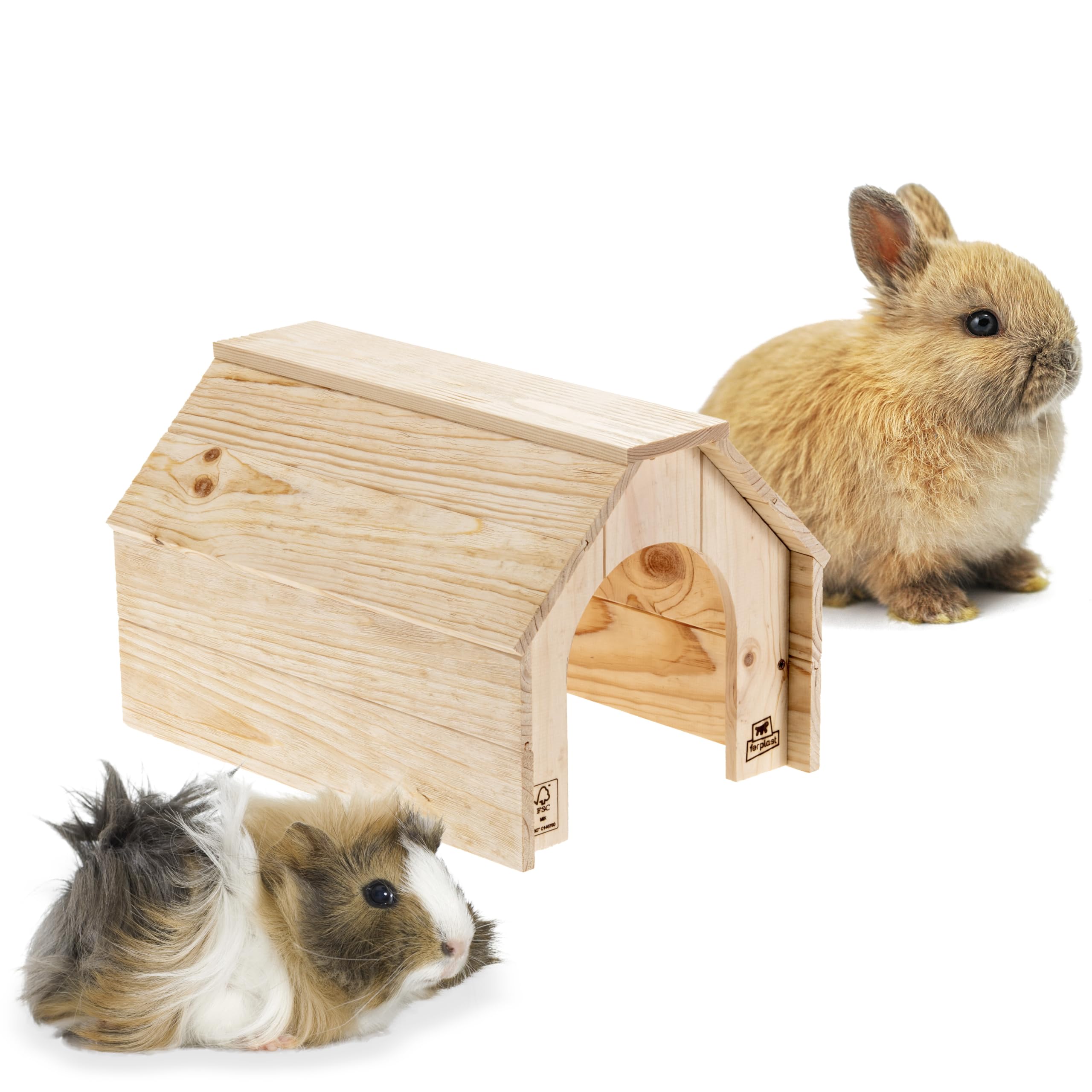 Ferplast Holzhaus für Kaninchen, Meerschweinchen & Hamster HIDDA, Kleintierhaus aus FSC®-zertifiziertem Holz, Gebürstete Optik, Schnellmontage-Set, 39 x 28 x H 25 cm, Größe L