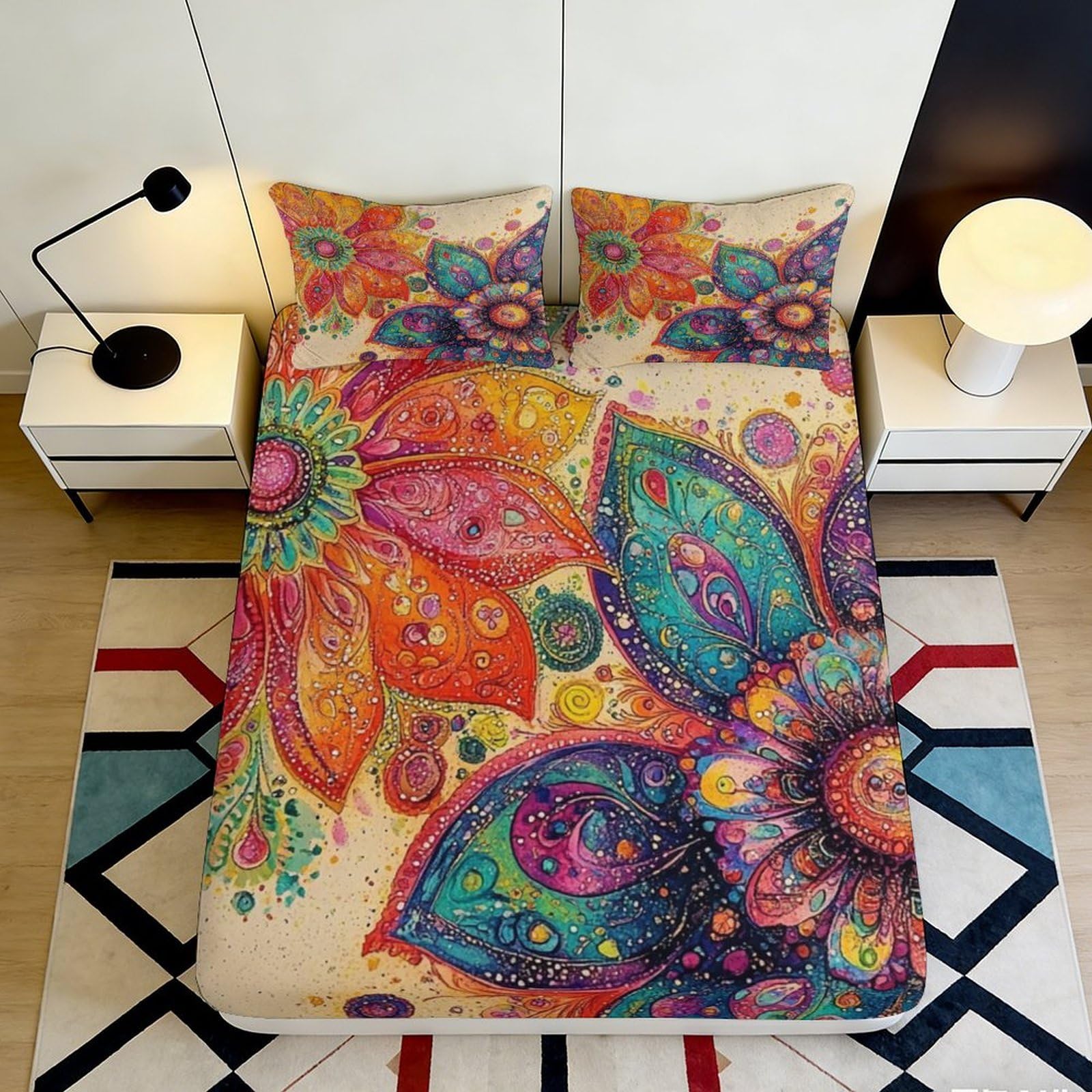 3D Printed Mandala Flower Fitted Sheet Microfiber Colorful Boho Paisley Mattress Cover Non-Slip Washable for Bedroom Guestroom 90x200x25cm