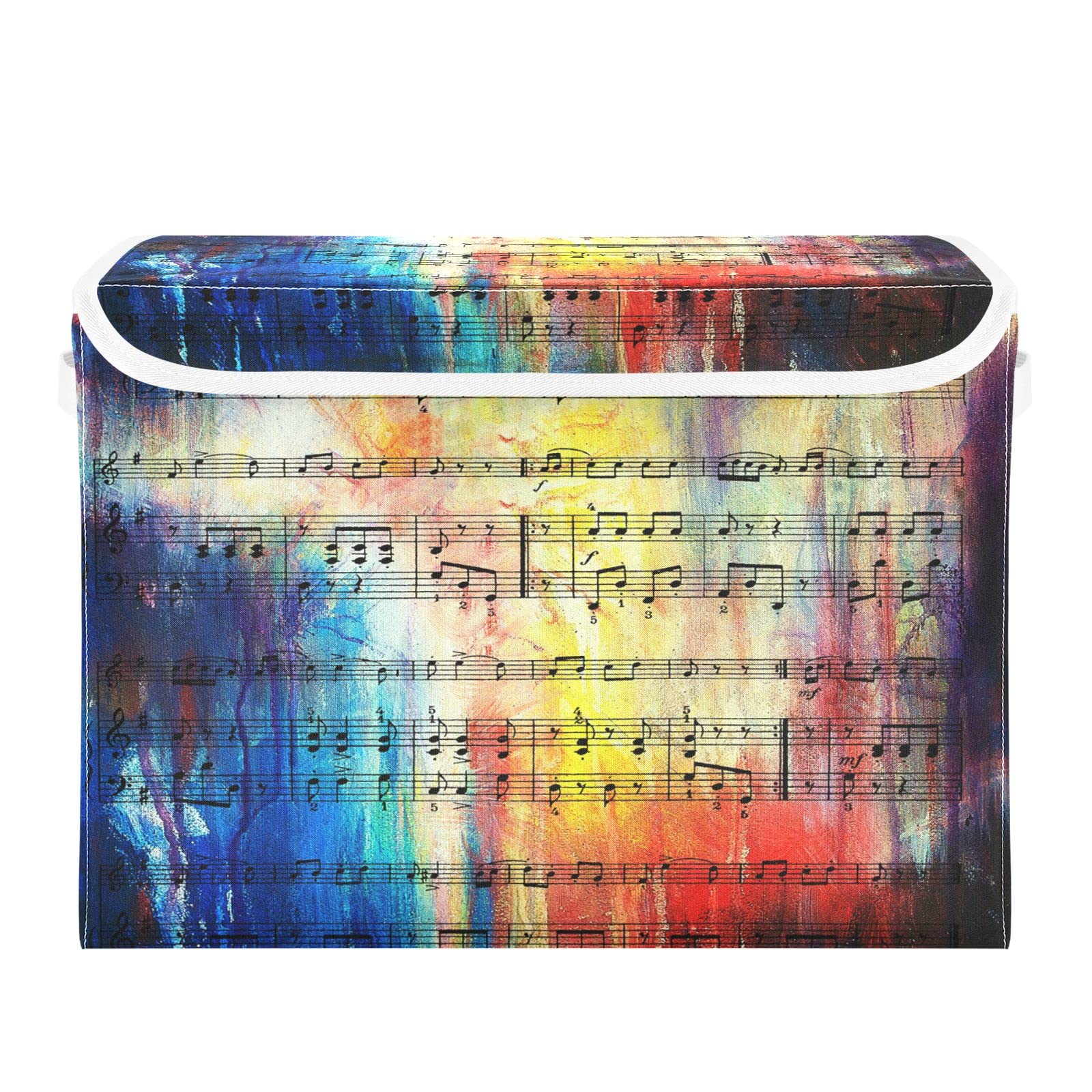 Oyihfvs Colorful Old Music Notes in Retro Style Yellow Blue Red Foldable Cube Storage Basket Collapsible Fabric with Lidded Sturdy Handles Organizer Box for Home Bedroom 16.5 x 12.6 x 11.8 in