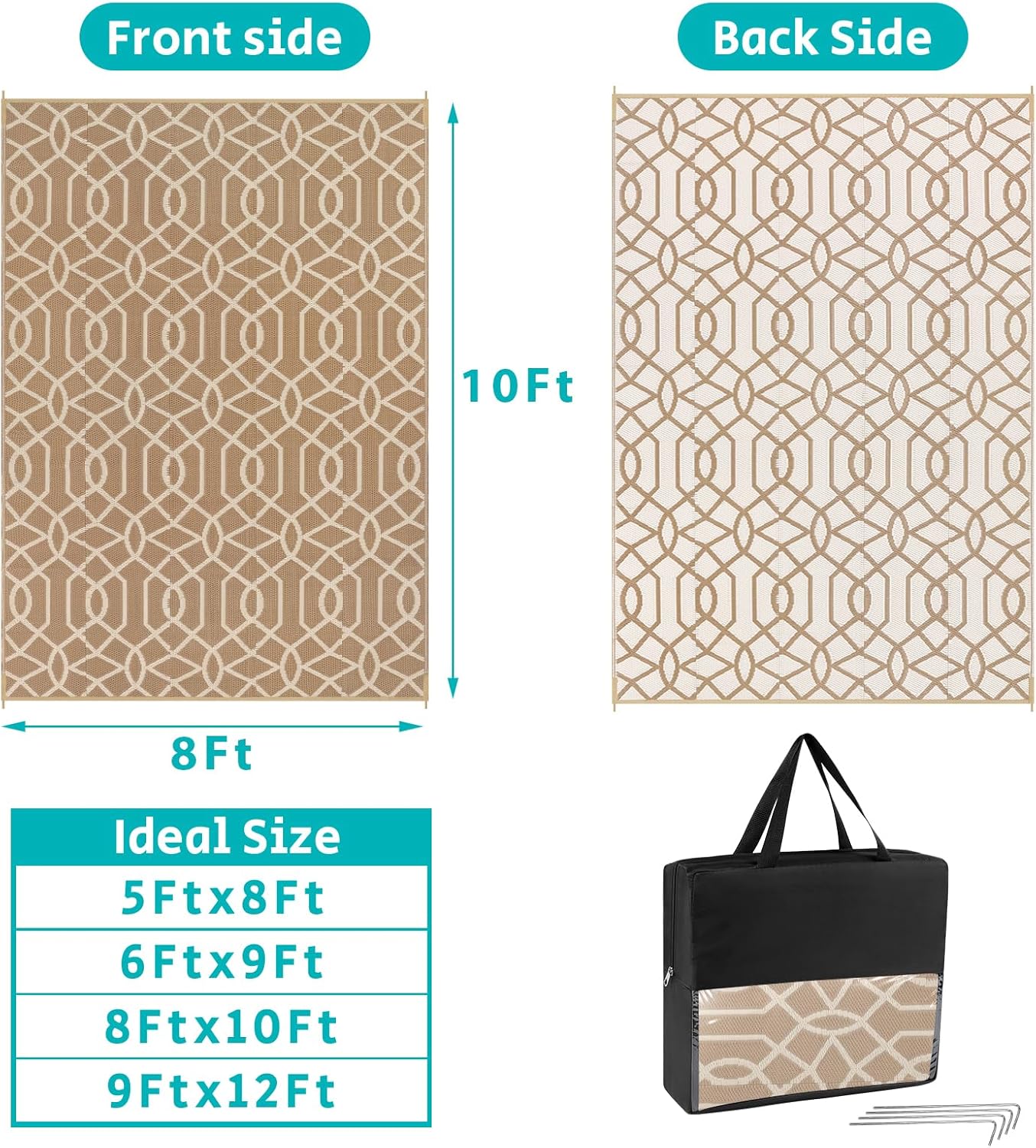 hebe outdoor rug waterproof 8x10, reversible plastic straw rug rv camping rug, indoor outdoor patio mat clearance, outside carpet for porch,deck,camper,balcony,backyard,picnic line/beige 8' x 10' (rectangular)