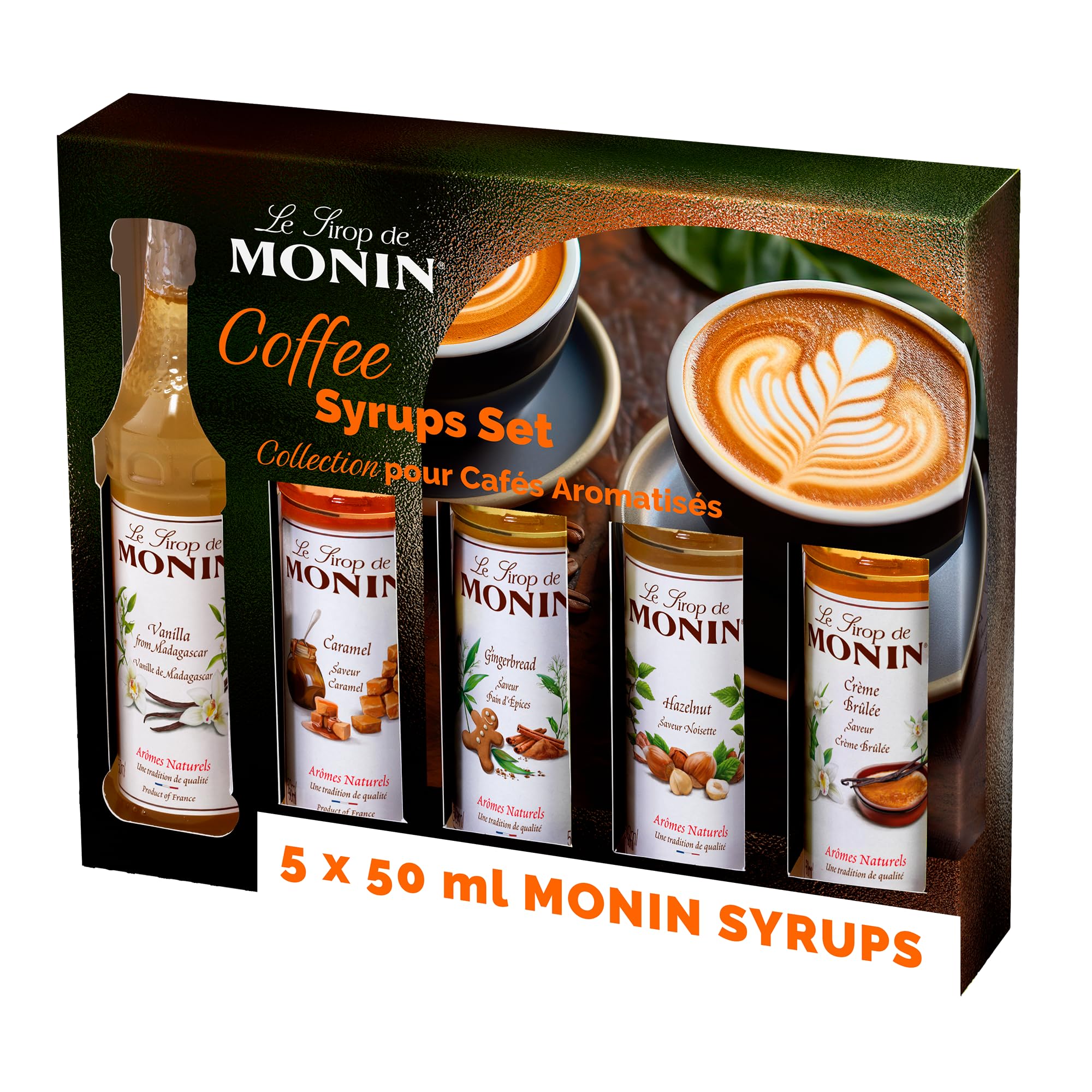 MONIN Coffee Syrup Gift Set 5x5cl. 1x Vanilla, 1x Caramel, 1x Hazelnut, 1x Creme Brulee, 1x Gingerbread Syrup for Coffee. Flavoured Coffees, Hot Chocolates and Frappes. Vegan, Natural Flavours