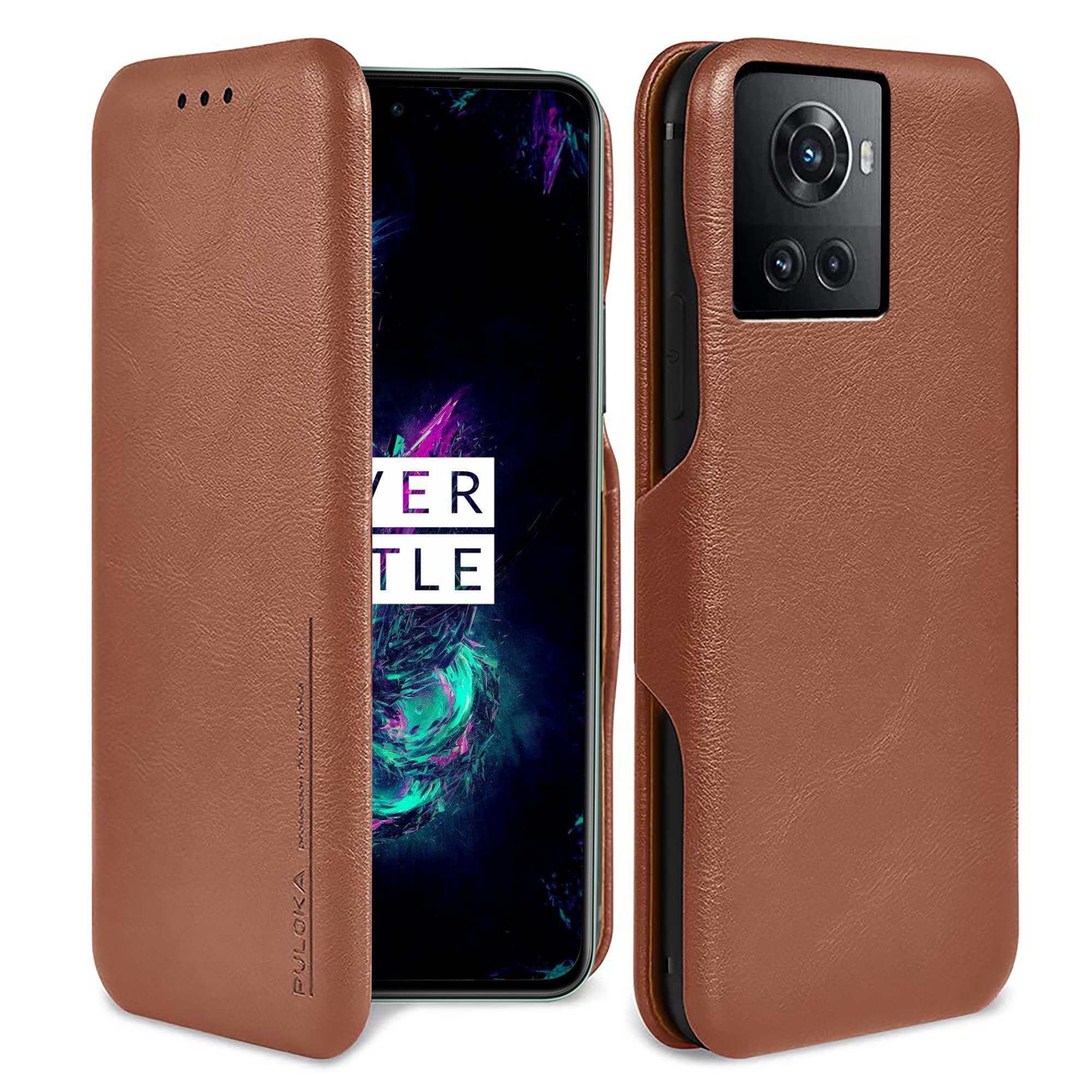 PULOKA for OnePlus 10R - Sleek Flip Case - Premium Vegan Leather Phone Cover with Card Slot - Slim, Durable, Privacy Protection, Shockproof - Kickstand Function - Elegant Flip Wallet Cases - Brown