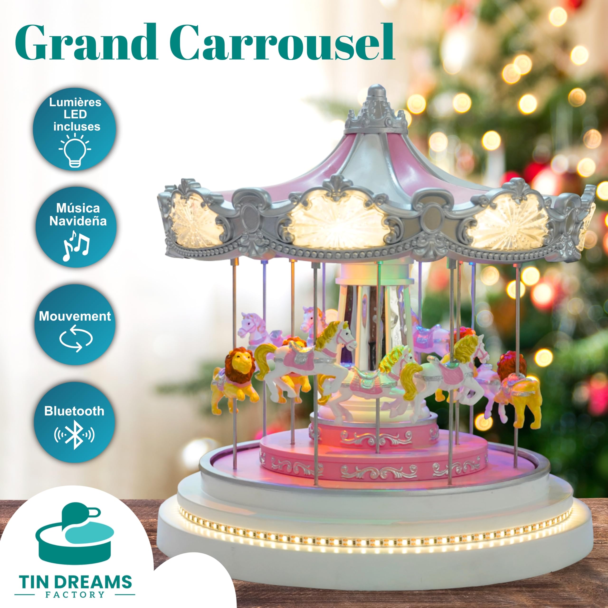 TIN Dreams | Grand Carrousel de Noël Musical avec Mouvement, Lumières LED et Bluetooth | Manège Décoratif | Petit Village de Noël, Scène Lumineux et Animé | Boîte à Musique Décoration Noël Intérieure