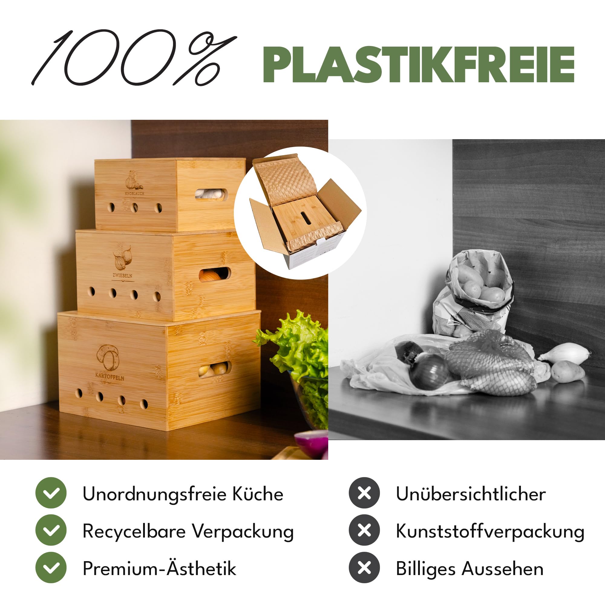 Nachhaltige Bambus Trio Kartoffel Aufbewahrungsbox [3er Set] mit Deckel, Zwiebel & Knoblauch Aufbewahrung, Umweltfreundliche Küche mit Belüftungslöchern (Braun)