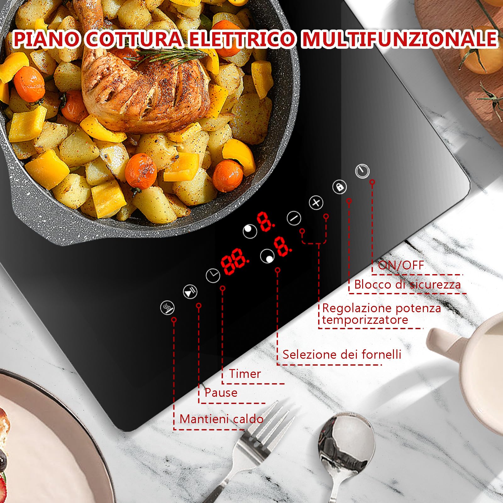 Piano Cottura 2 Fuochi Elettrico Vetroceramica, 30cm Vetroceramica Piano Cottura Elettrico a Incasso con Spina, Controllo a Sfioramento, 9 Livelli di Riscaldamento,Blocco di Sicurezza, 3000W
