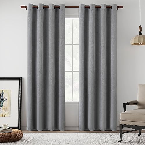 Cortinas 100% opacas de lino gris de 84 pulgadas de largo para sala de estar, cortinas opacas con ojales, paneles de cortina con aislamiento térmico