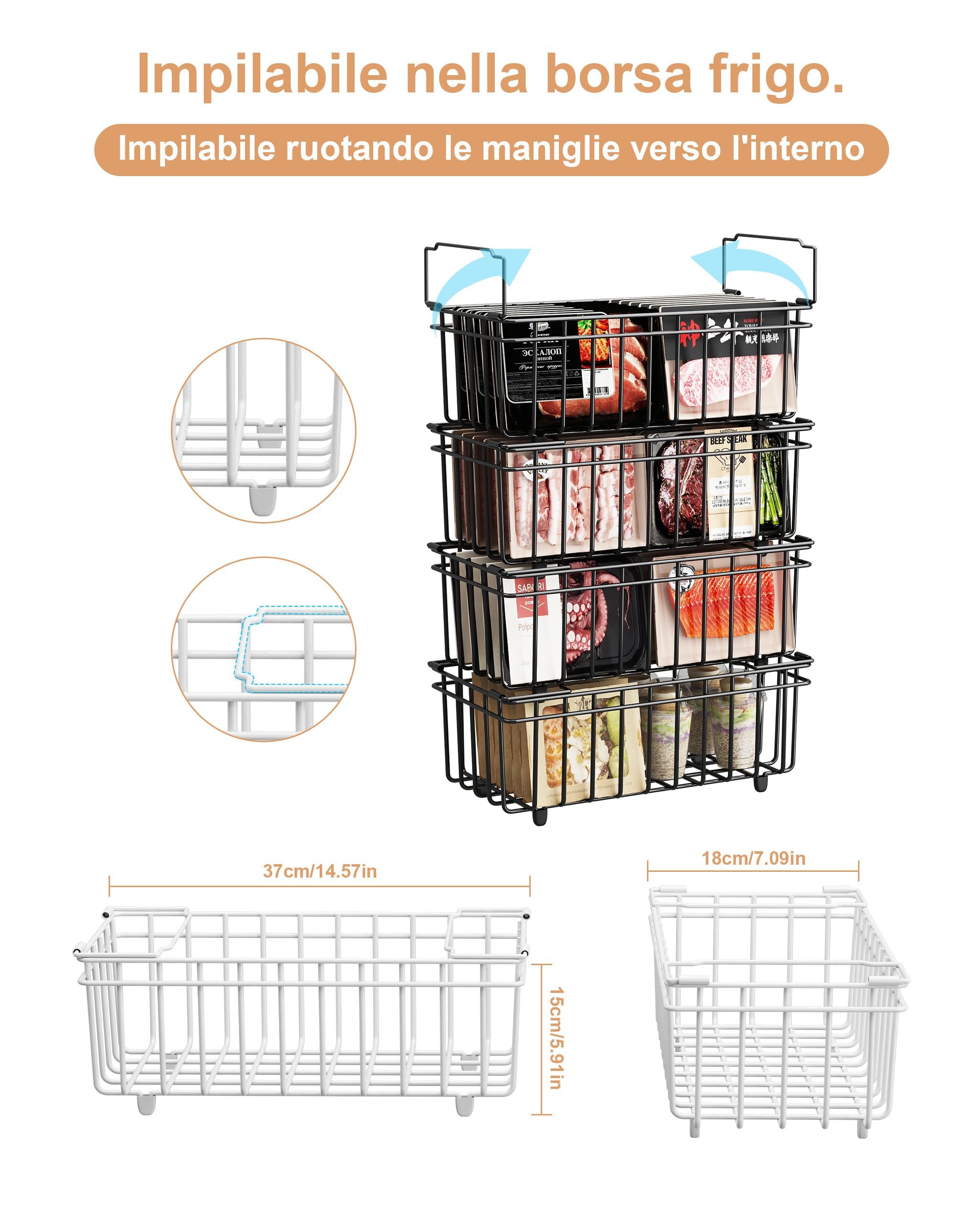 UMDONX 8 pezzi cestini congelatore petto Nero - Maniglia impilabile cestini congelatore, facile accesso, organizzare gli ingredienti congelati (37x18x15cm)