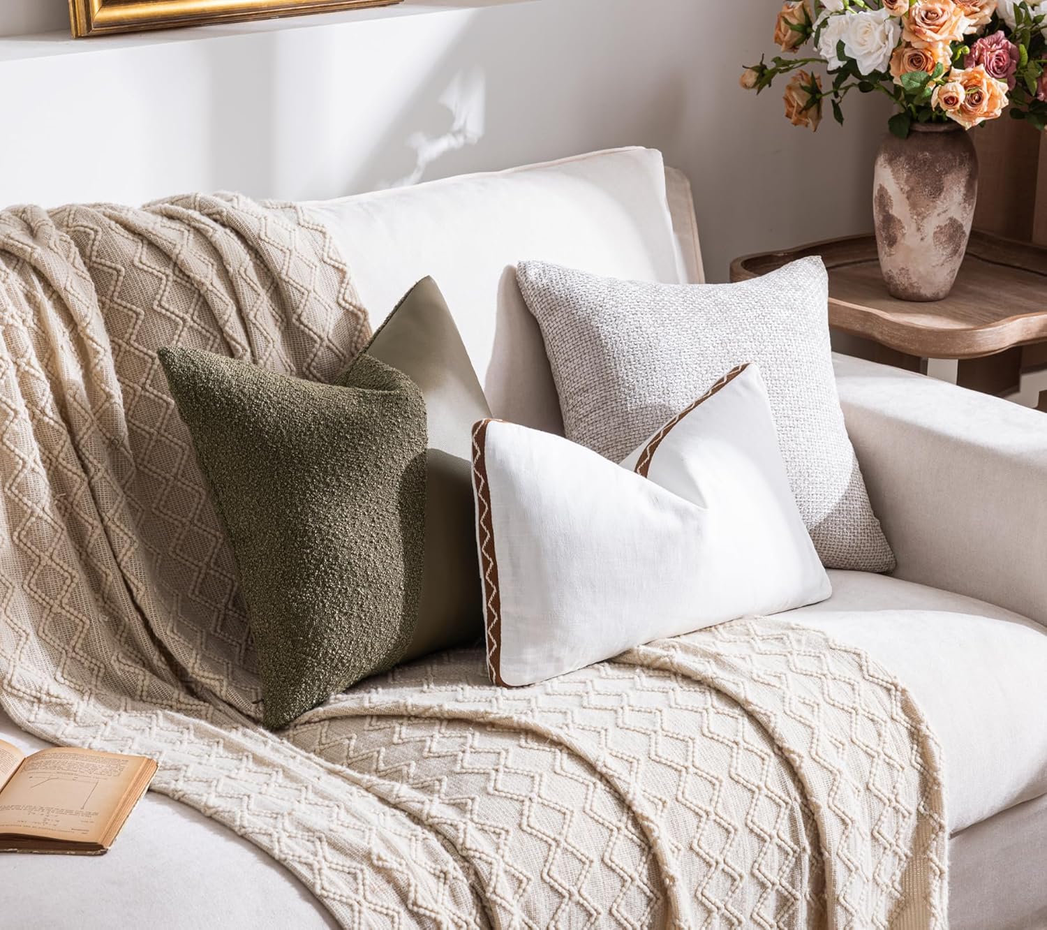Boucle Throw Pillow Covers 22"x22" Set of 2, Moss Green Decorative Textured Cushion Covers with Faux Leather Patchwork, Boho Farmhouse Accent Pillowcases for Organic Aesthetic Home Decor